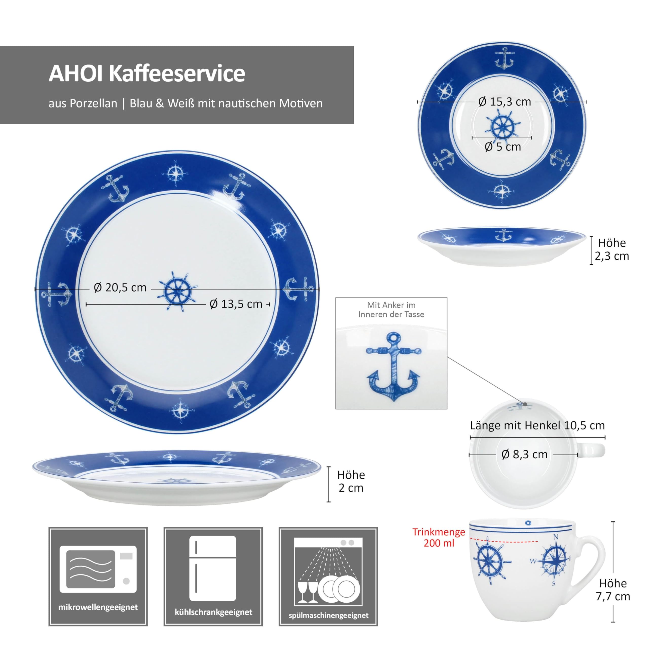MamboCat AHOI 18tlg Kaffeeservice I blau-weißes Porzellan-Geschirr mit nautischen Motiven Anker & Co für 6 Personen I Je 6X Tassen 200ml, Untertassen & Teller für Frühstück & Kaffee