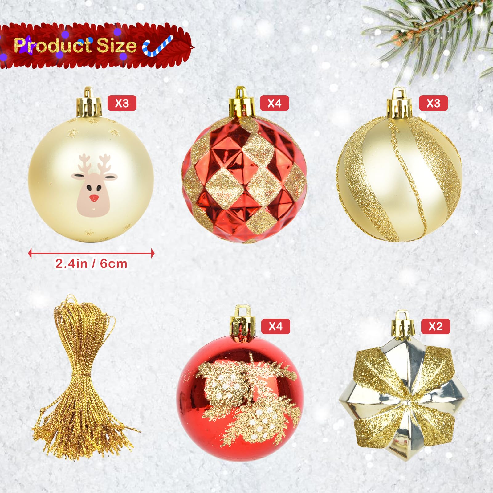 16 Boules De Noël 6cm - Décoration Sapin Rouge Et Or Incassables Pour Intérieur Et Extérieur