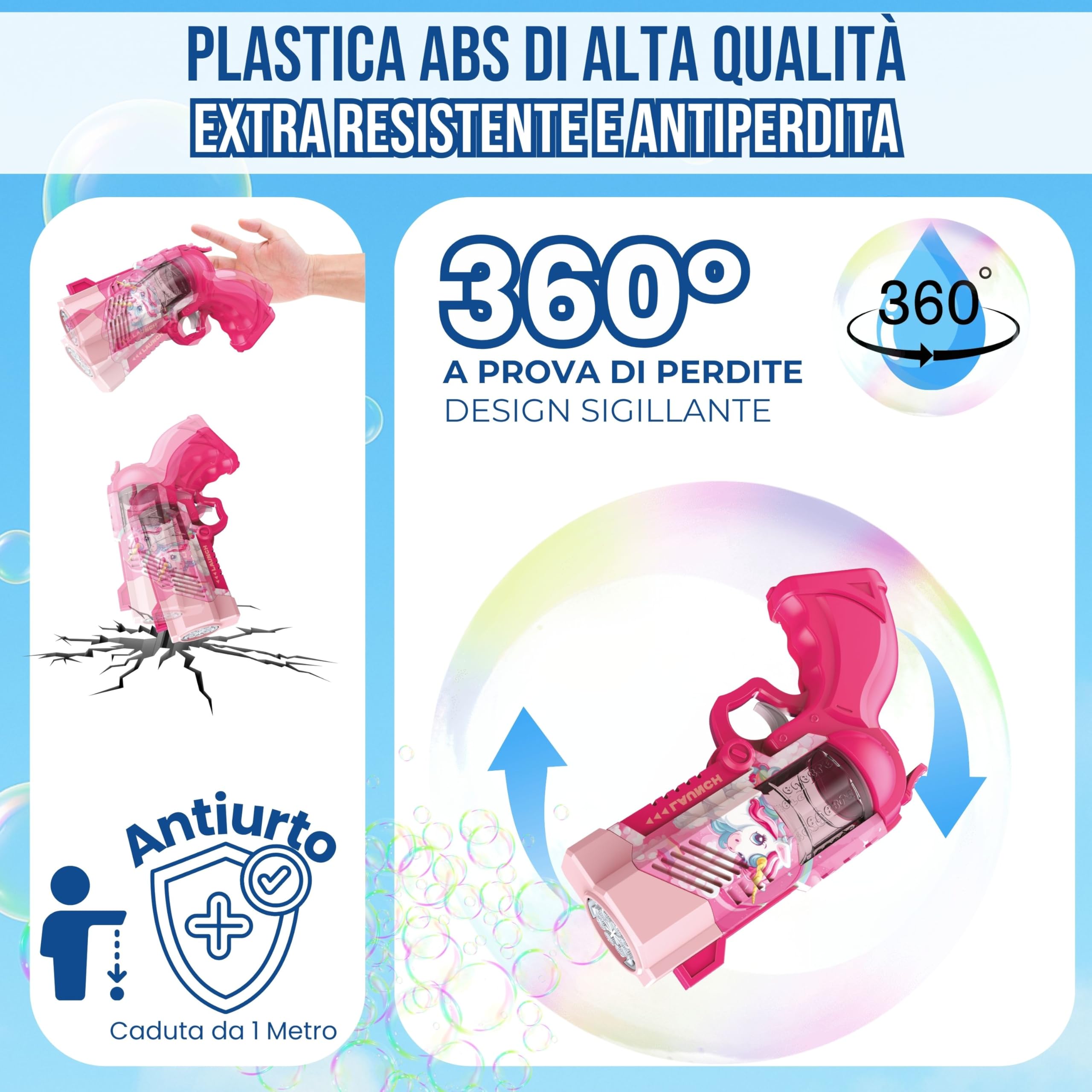 Blubbel Sparabolle di Sapone LED, Pistola Giochi, Macchina Automatica, Bubble Gun, Cannone d’Aria, Giocattolo Matrimonio, Regalo Estivo Bambini, 120ml Liquido Incluso
