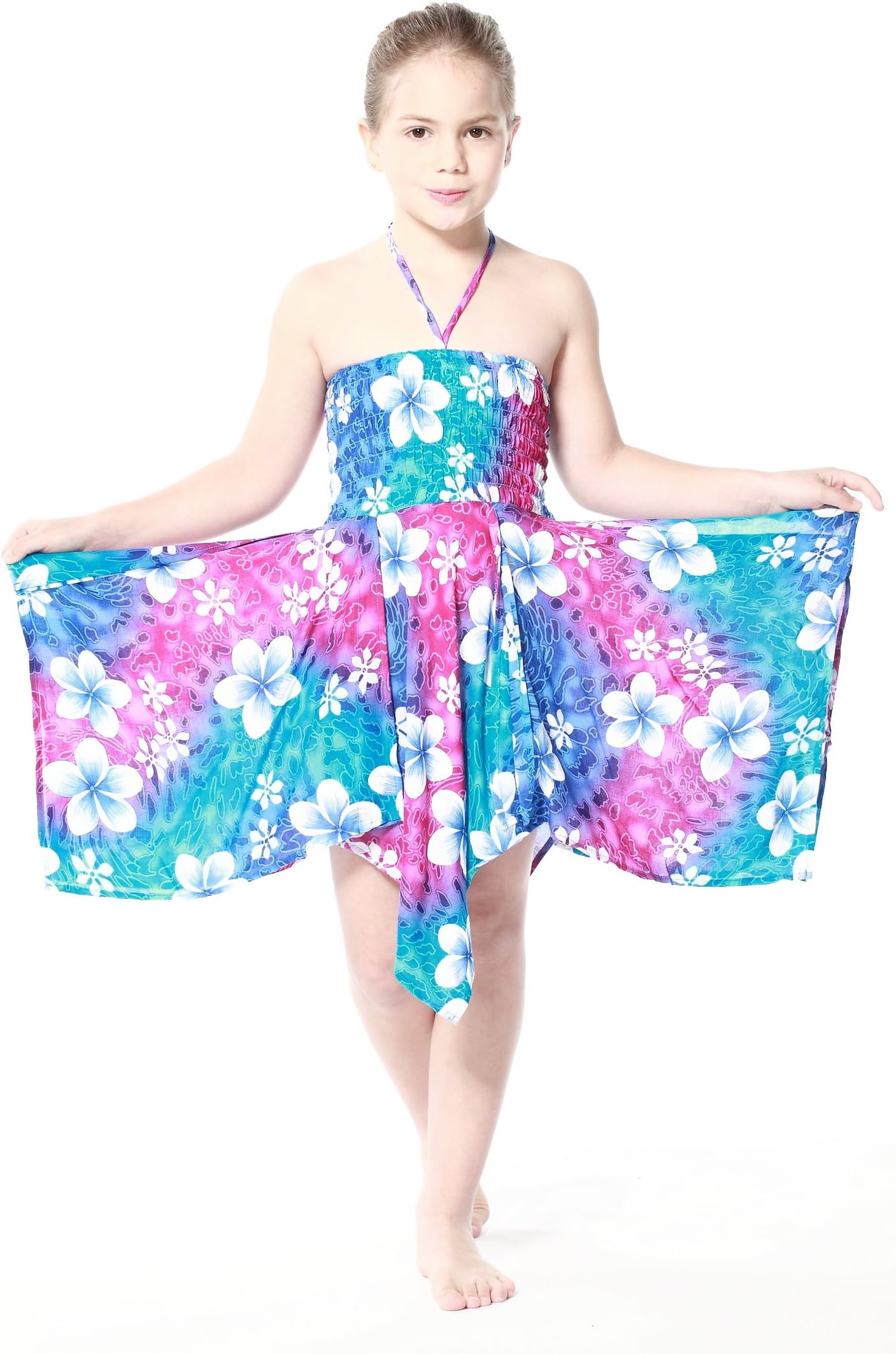 Girl Rainbow Floral in Blue and Pink Hawaiian Luau Dress in Various Styles