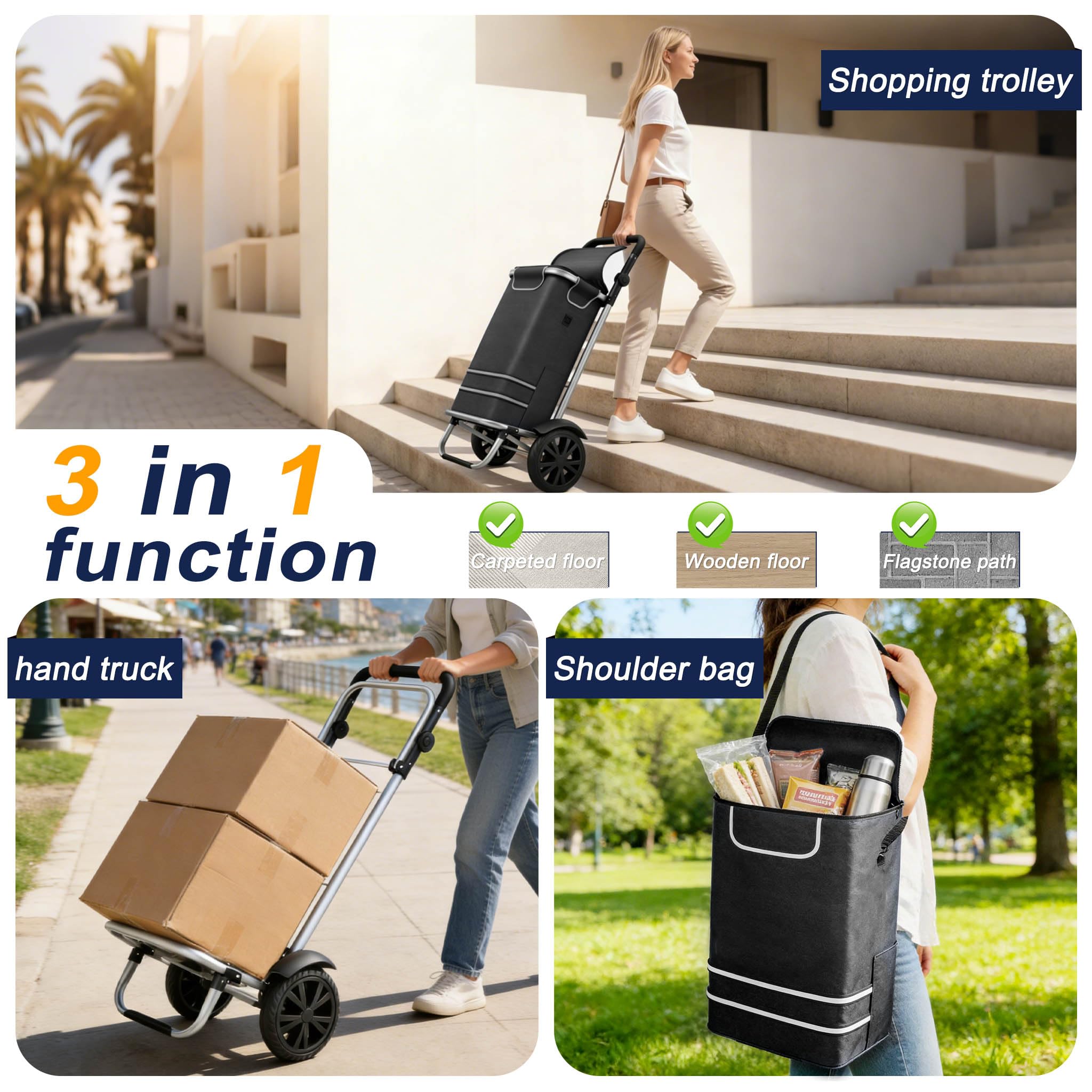UISEBRT 3in1 Einkaufstrolley klappbar mit 56L groß Volumen,Multifunktionaler Einkaufsroller mit Kühlfach, Umhängetasche & Sackkarre in Einem,Hackenporsche Trolly Einkaufswagen Schwarz,1-Rad