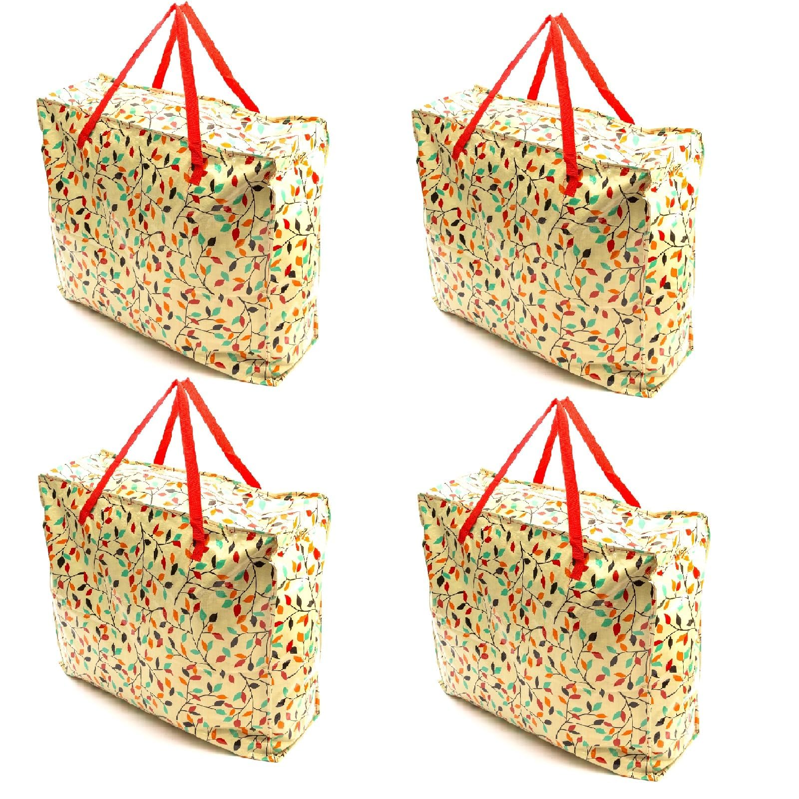4 PACK Storage Bags Autumn Leaf Design 75x60x25cm Heavy Duty X-Large With Zip Waterproof Durable Reusable Foldable Laundry Clothing Wardrobe Storage Moving House Shopping Toy Extra Large Jumbo