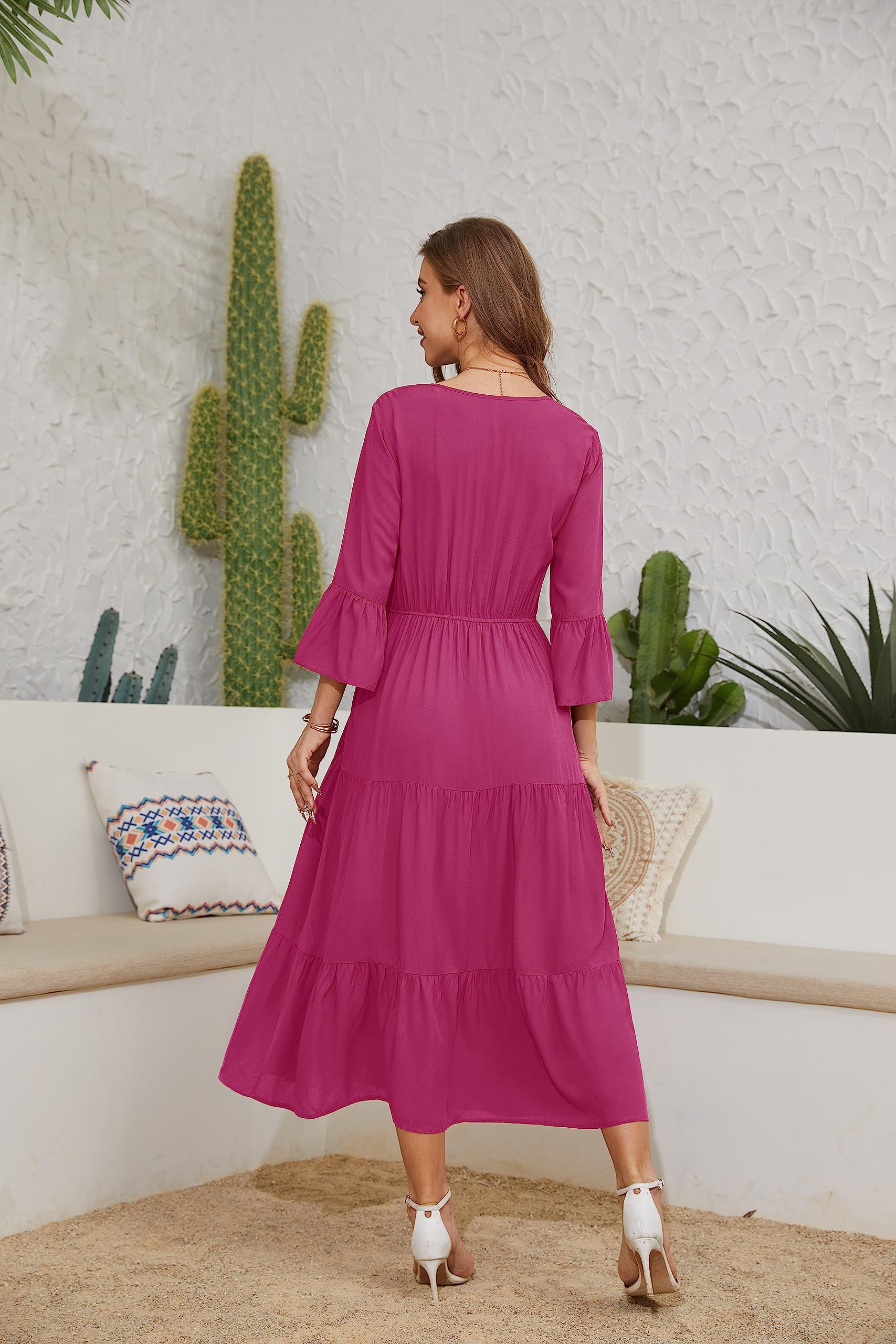 VIISHOW Womens 3/4 Sleeve Casual Bohemian Midi Dress