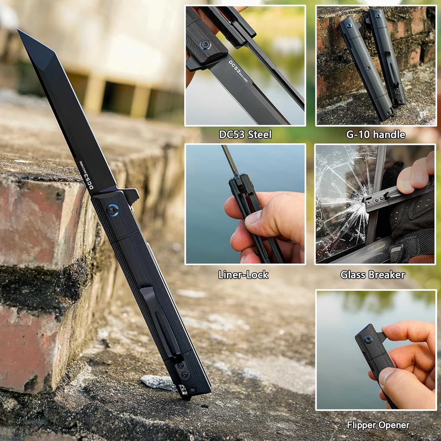 Flipper Pocket Folding Knife, DC53 Steel Blade and Black G10 Handle, with Pocket Clip and Glass Breaker, EDC Tool