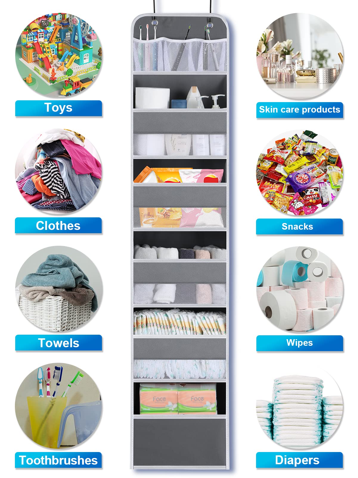 Over the Door Organizer Storage - 6 Shelf Hanging Storage Door Organizer with 8 Large Capacity Pockets,Anti Tilt Behind Door Organizer for Pantry,Nursery,Bathroom,Bedroom,Kitchen,Dorm,Camper,1 Pack