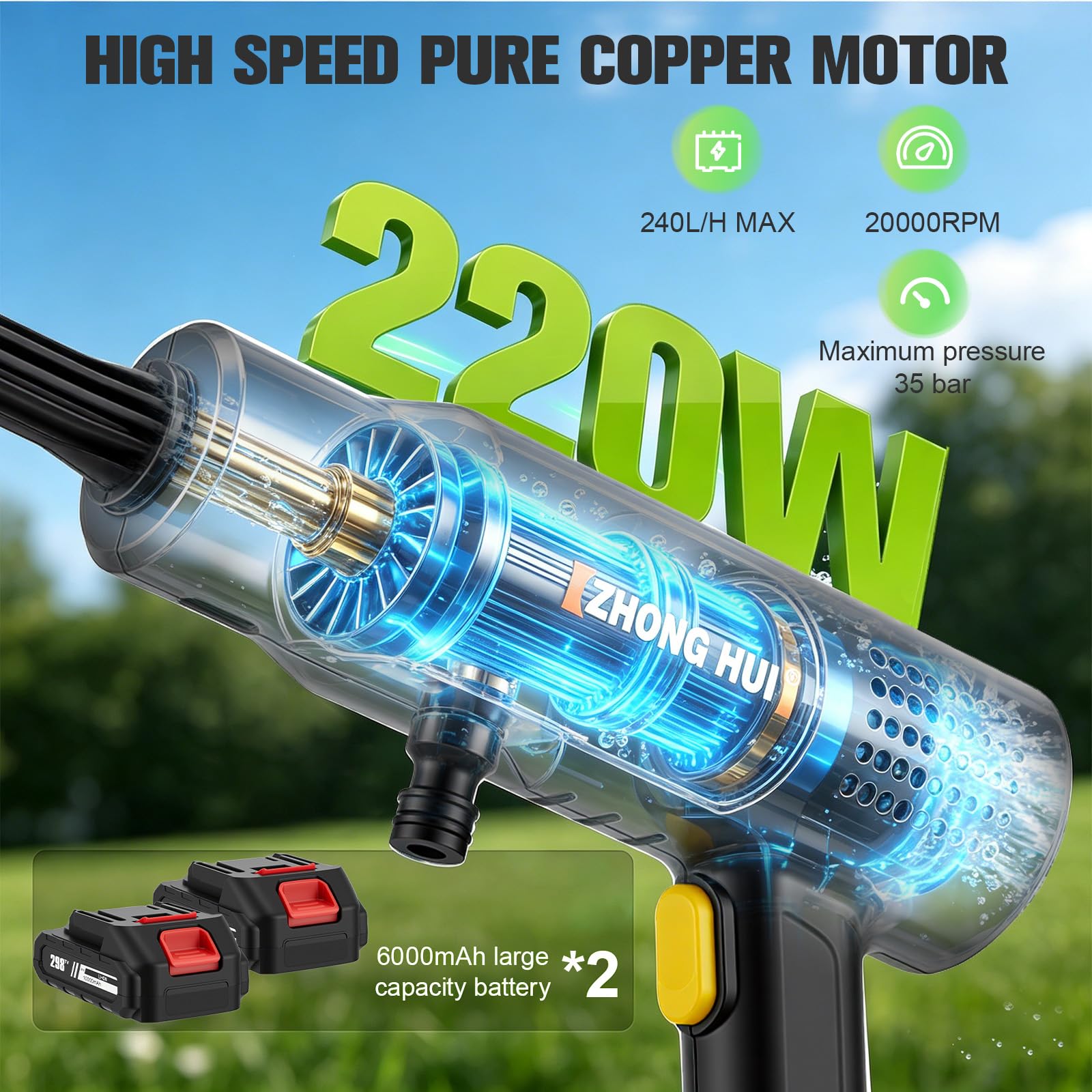 Limpiador de alta presión con batería con boquilla multifunción 6 en 1, 2 baterías de 6,0 Ah, 240 l/h, manguera de 5 m, limpiador de alta presión portátil para lavado de coches, ventanas, jardín y