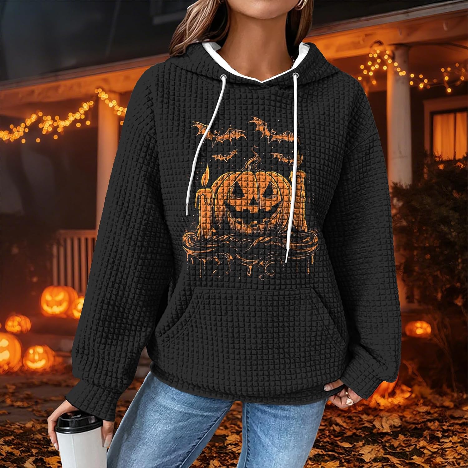 Halloween Sweatshirt Vintage Waffle Sweatshirt Lightweight Hoodies Spooky Graphic Street Style Holiday Tops - Image 2