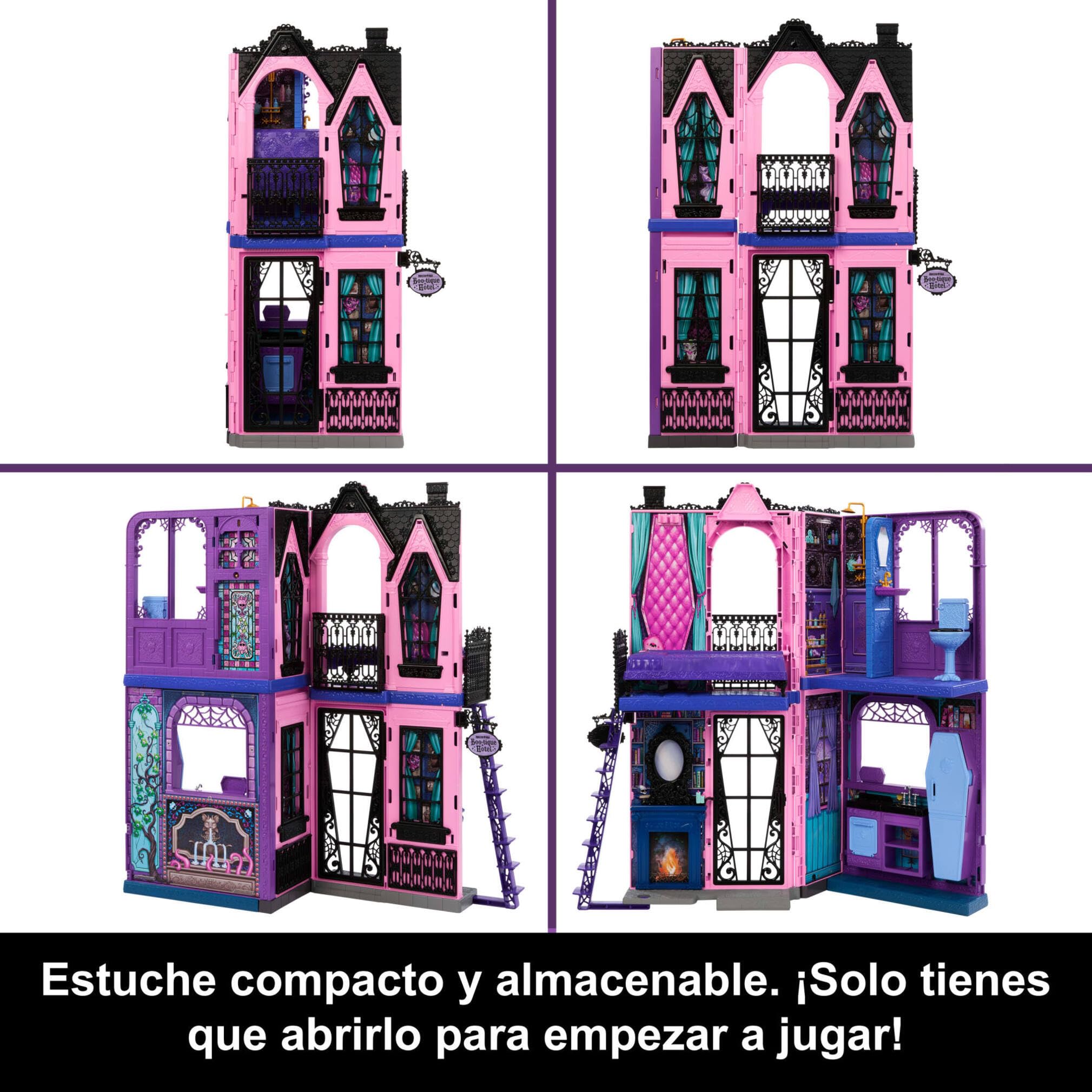 Monster High Hotel Buuuutique Casa de muñecas, conjunto de juego plegable con sorpresas espeluznantes en cada habitación y más de 13 piezas, incluidos muebles y accesorios, JBF16