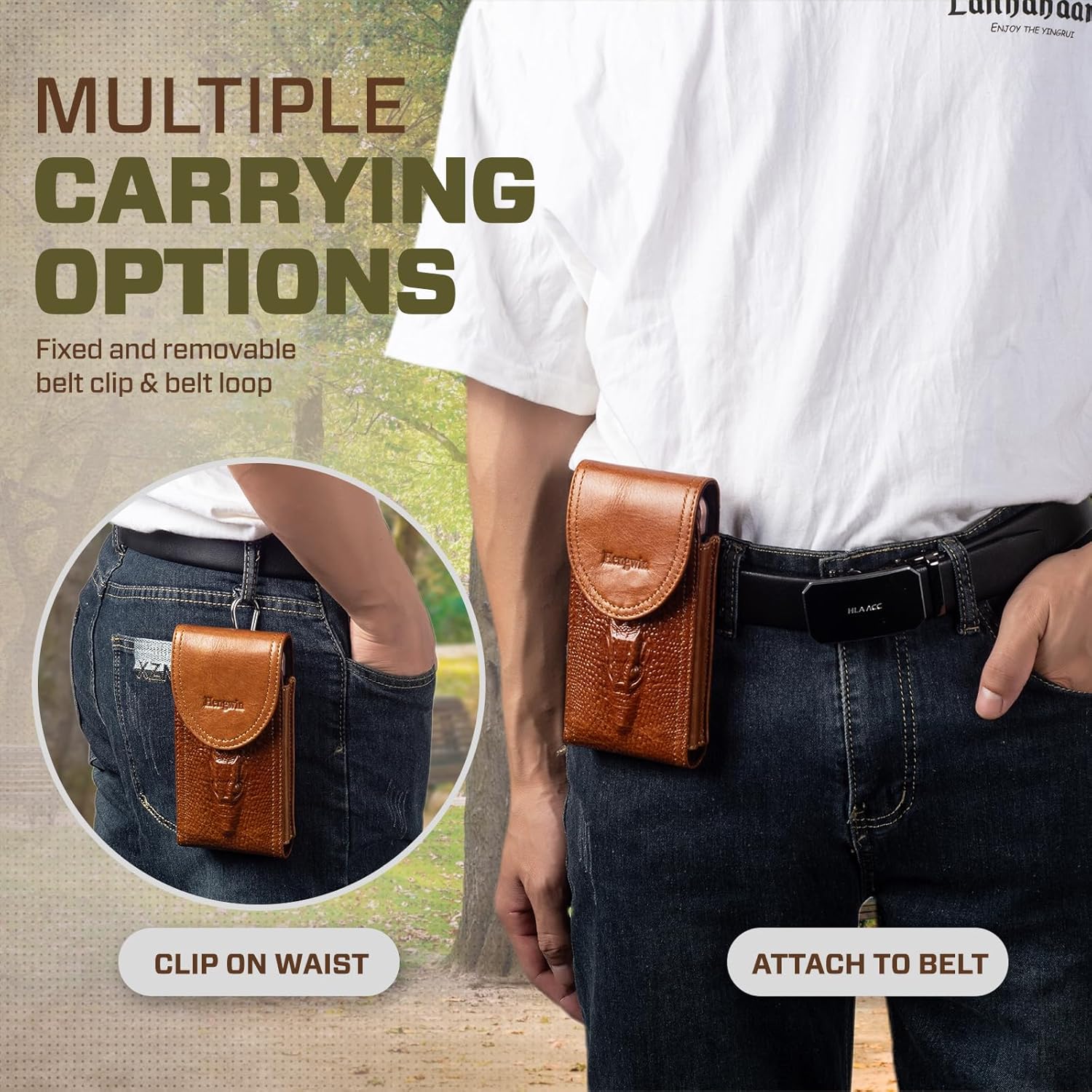 Hengwin Genuine Leather Phone Holster Fits for iPhone 16 Pro Max 15 Plus 14 Pro Max Samsung Galaxy A15 Note 9 8 S23+ S22+ S21 FE S20 Ultra Holster Waist Pouch Belt Clip Case Cell Phone Holder (Brown) - Image 6