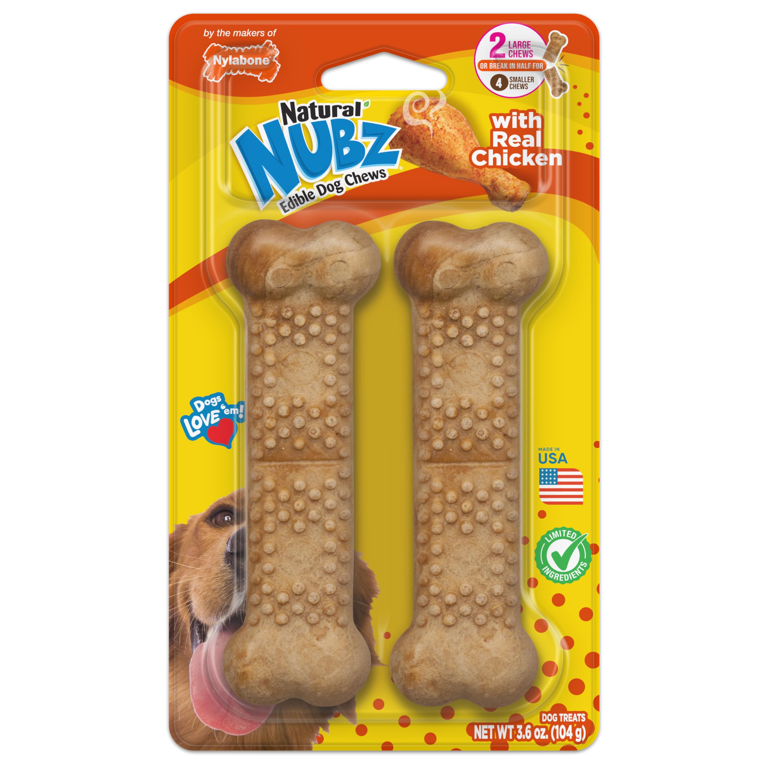 Nylabone Nubz Natural Dog Treats, Long Lasting Chew Bones, Made in the USA, Chicken Flavor Breath Freshener, Large Bones for Dogs Over 30 lbs. (3.6 Ounce, 2 Count)