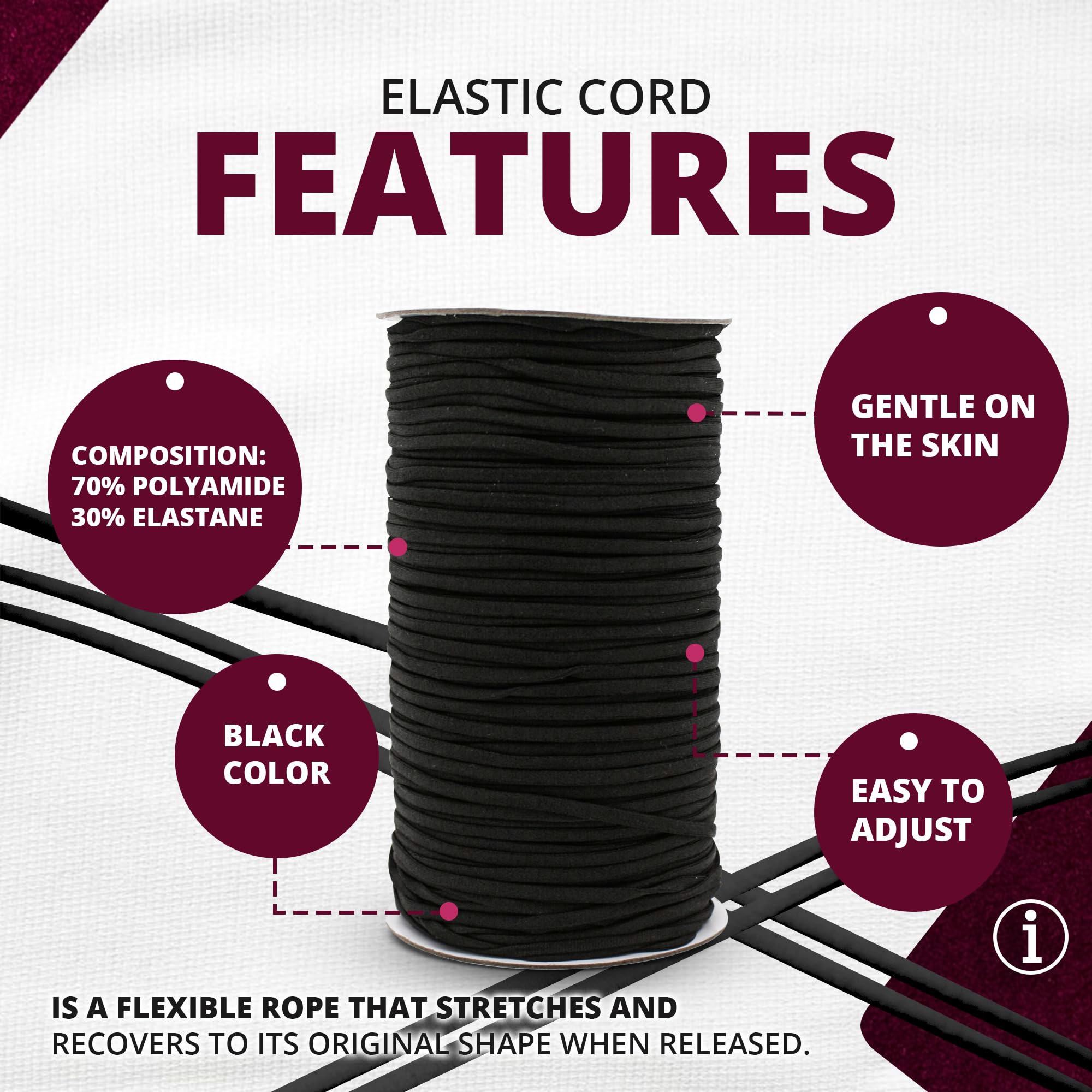 Filo Elastico Tubolare Per Cucito - Bobina Da 200M, &Oslash;2.7mm, Bianco, Per Mascherine E DIY