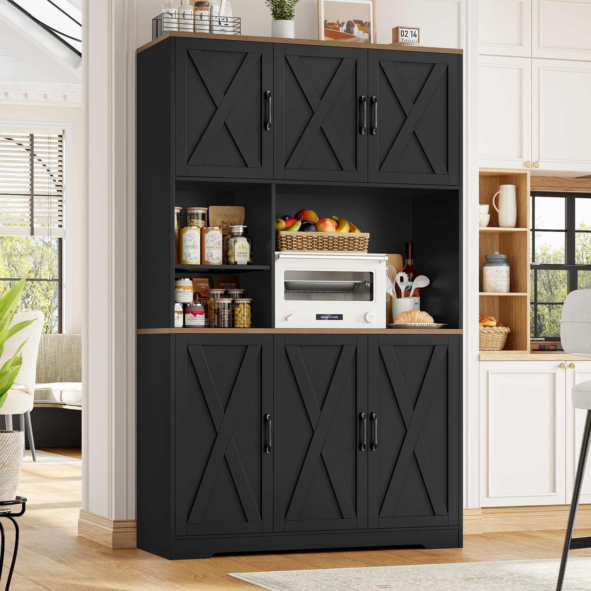HOCSOK Buffet Cuisine, 180 cm Haut Armoire de Cuisine avec Porte Verre à Vin, Casier à Bouteilles Amovible, Étagère à Micro-Ondes, Vaisselier, Meuble de Rangement pour Salle à Manger Salon