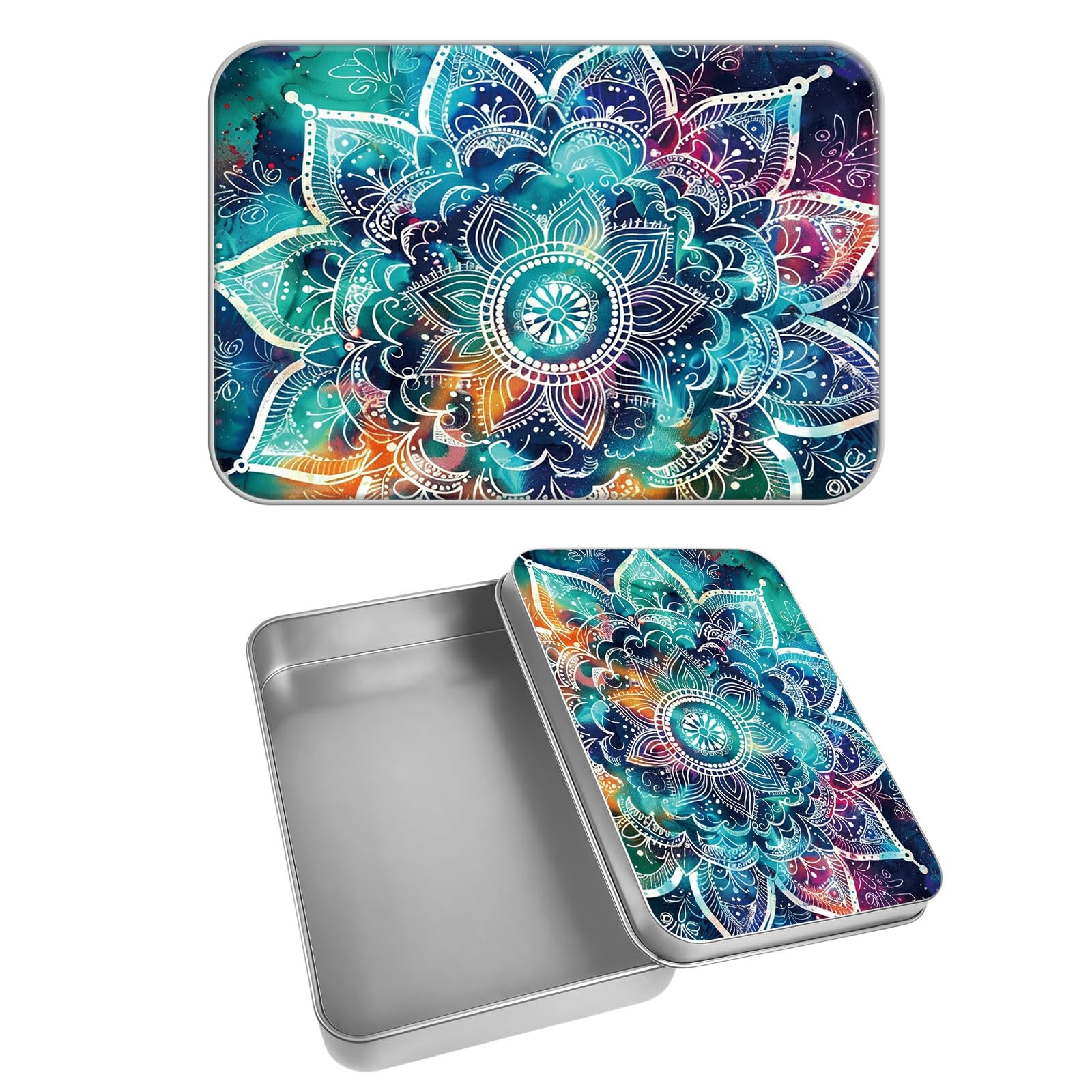 Rectangular Metal Tin Box with Removable Lid, Mandala Galaxy Decorative Printed Metal Storage Container for Cards, Diaries, Home Organization 4.53 x 3.35 x 0.86 inch– Single Pack