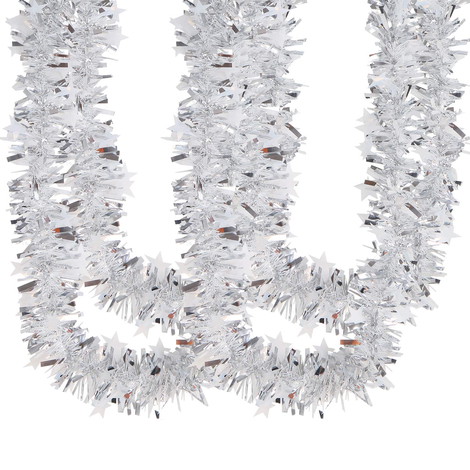 Guirnalda de espumillón para Navidad, Guirnalda de oropel navideña Rosa de 6M for árbol de Navidad(Silver Tinsel)