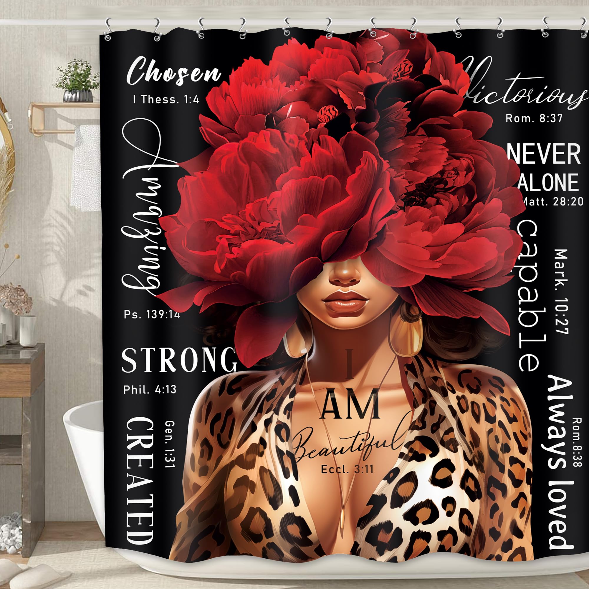 MESHELLY Red Rose Leopard Shower Curtain 60Wx72H Black Girl Peony Floral Black Women Positive Quote Bathroom Curtain Fabric Afro Lady Fashion African