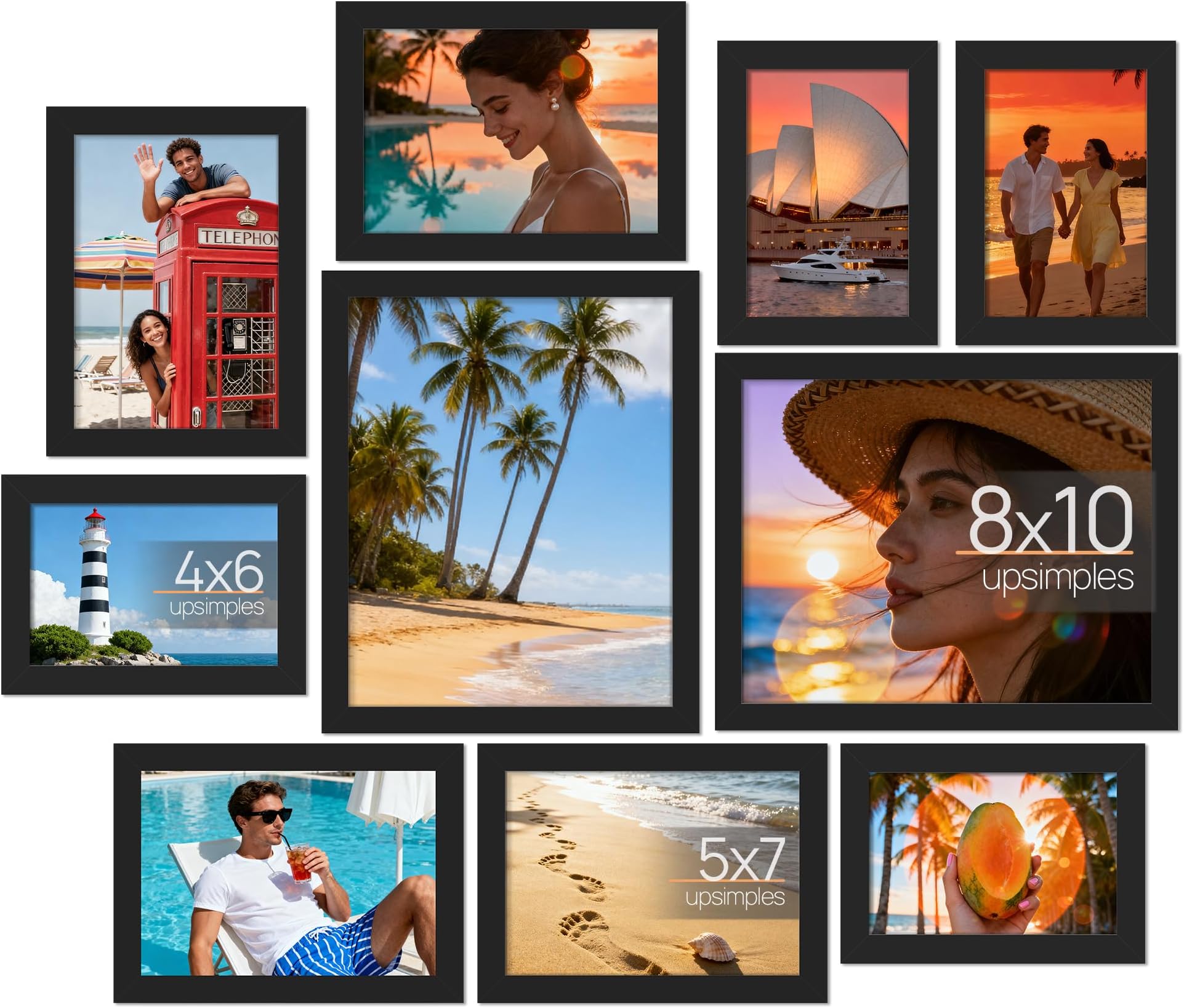 upsimples 10 Pack Picture Frames Collage Wall Decor for Mounting or Tabletop Display, Photo Gallery Frame Set for Family, Multi Sizes Including 8x10, 5x7, 4x6, Black