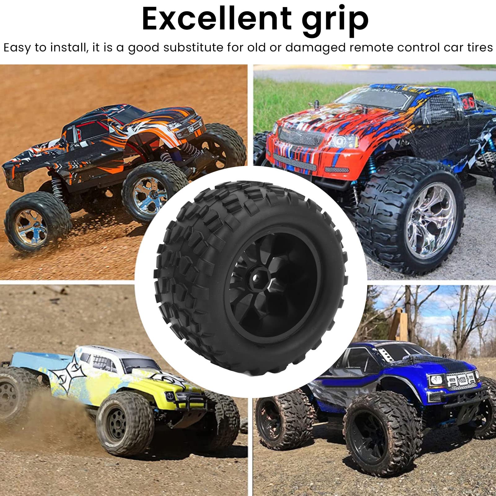 Roues et Pneus RC, Résistance à L'abrasion Haute Performance 4 Pièces 12 Mm Hex RC Voiture Pneus en Caoutchouc et Roues en Plastique pour 1/10 RC Camion pour Traxxas, pour Estampé, pour Rustler
