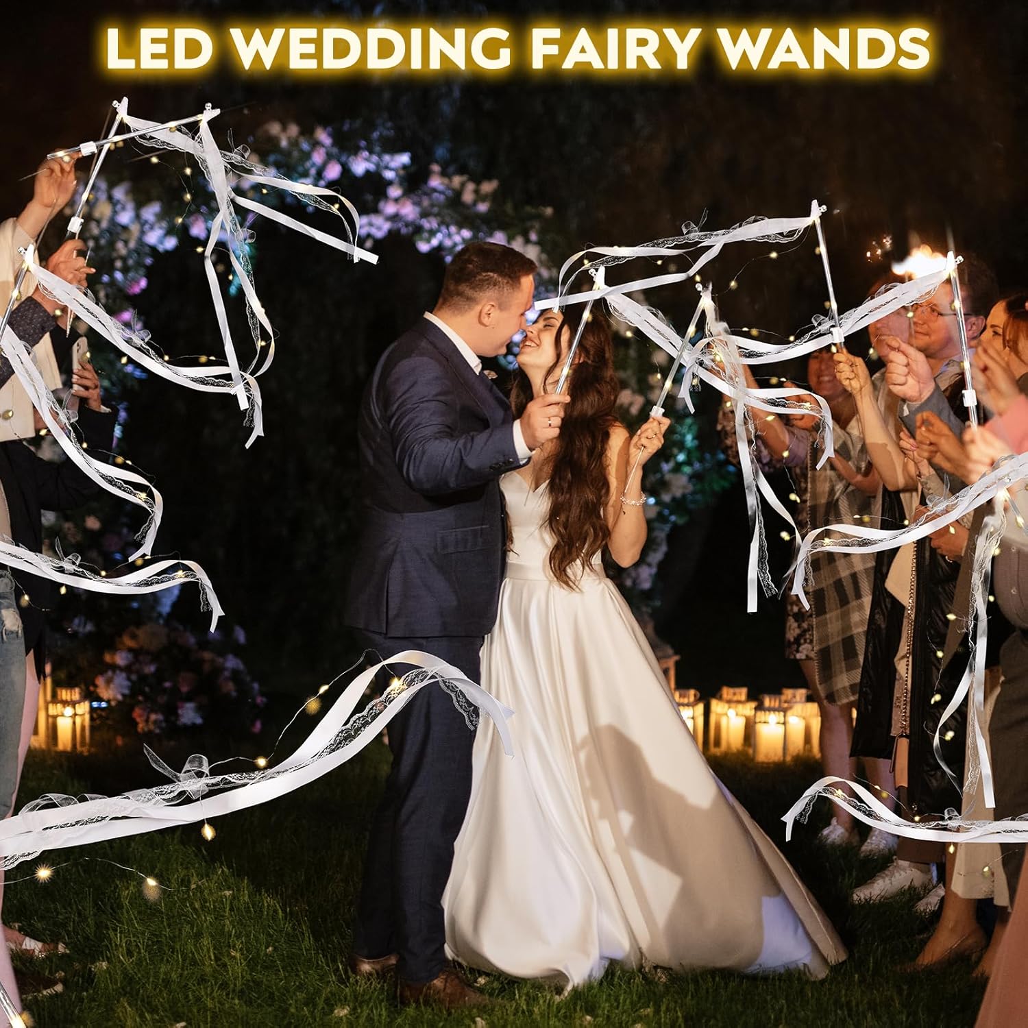 50 pcs Wedding Wands, Light up with LED for Wedding Send Off, Fairy Wands has 3 Flashing Modes, Silk, Lace and Bells for Wedding, Birthday, Christmas, New Year