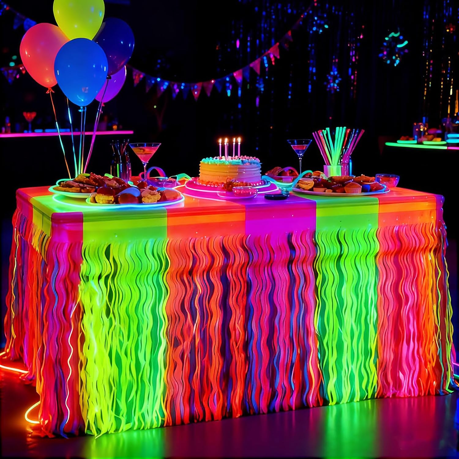 PIGETALE Glow in The Dark Party Supplies, 2 Pack Neon Fluorescent Wavy Metallic Tinsel Foil Fringe Table Skirts, 29.5×108 Inch UV Black Light Reactive Table Streamer Curtain Backdrop Party Decorations