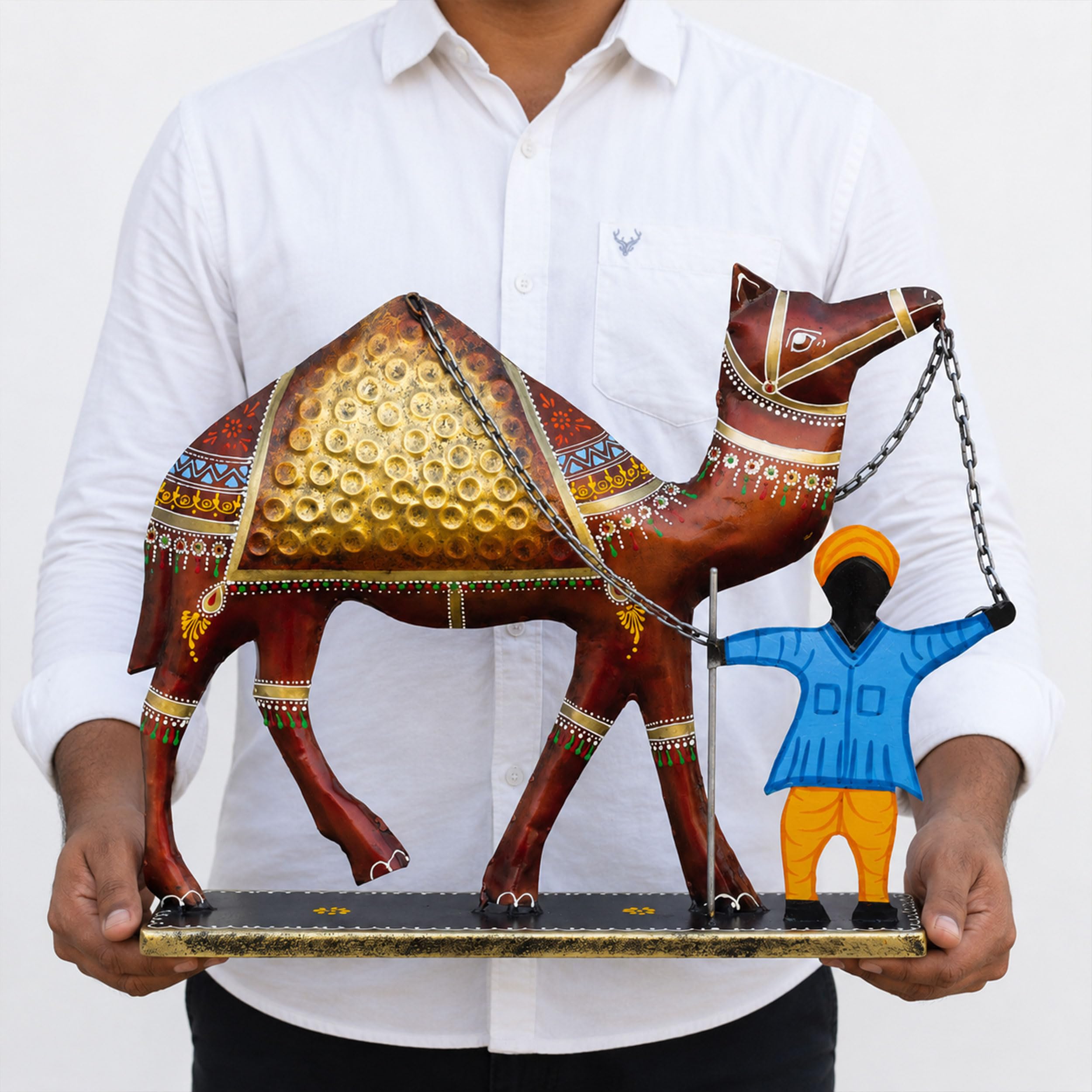 Rajasthani Camel Showpiece with Handler for Home Decor | Large 20 Inch Iron Metal Desert Art Statue for Living Room Office Hotel Restaurant Reception Desk Ethnic Gift — photo — 5 of 8