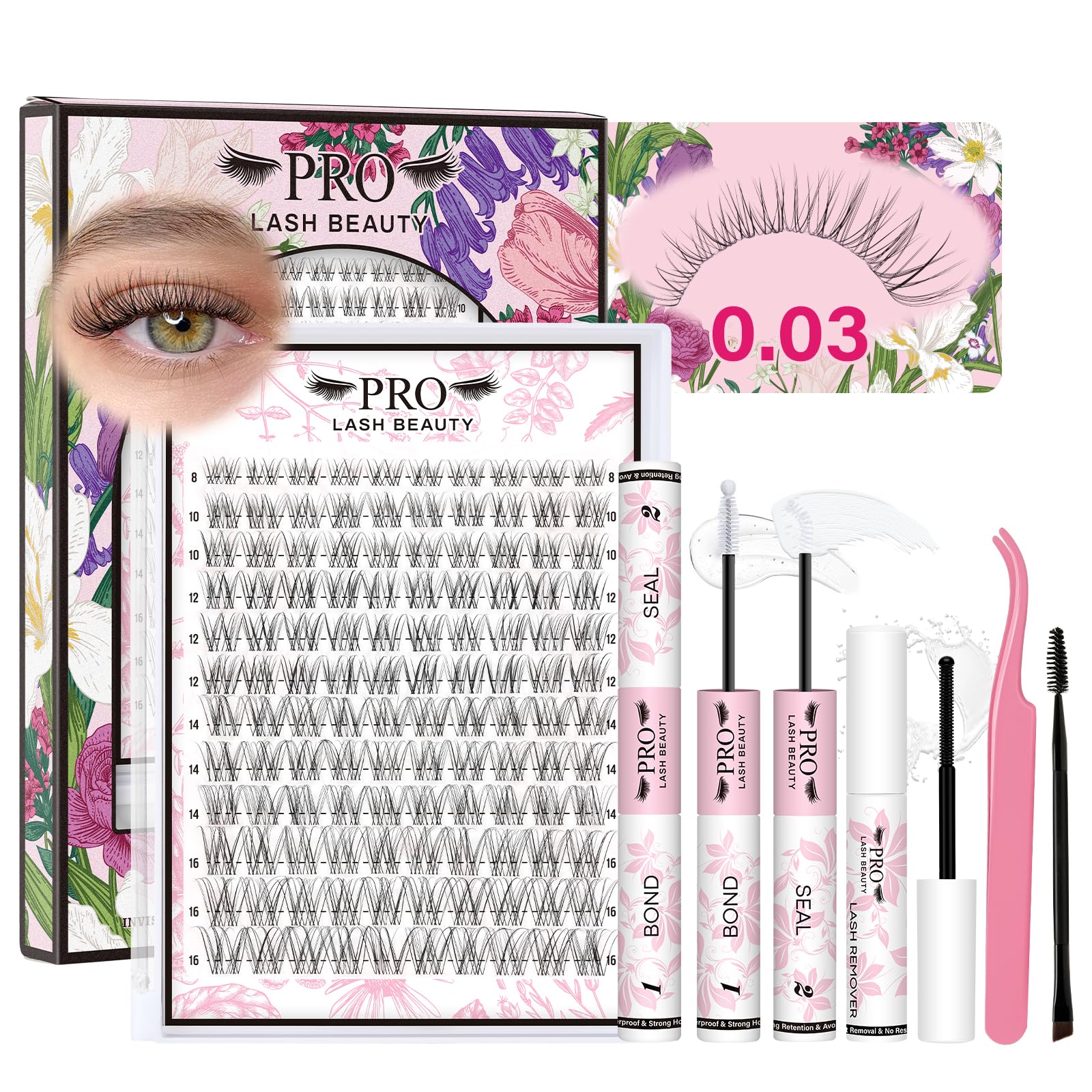 PRO LASHBEAUTY Natürliche Wimpern Extensions Lash Extension Set Invisible Tape Manga Lash Cluster Set Natürlicher Look Bindung und Siegel Wimpern Kleber Entferner Applikator(Venus,8-16mix)