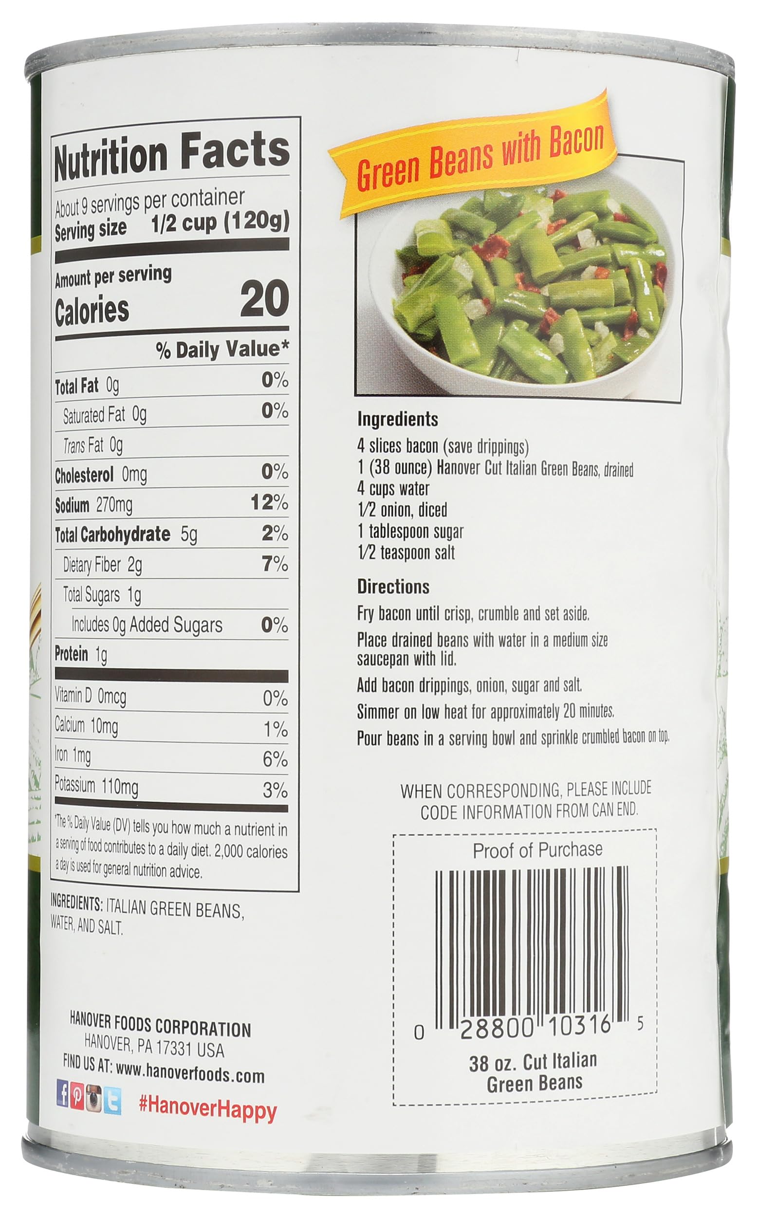 Hanover Cut Italian Green Beans, 38 Ounce (Pack of 12)