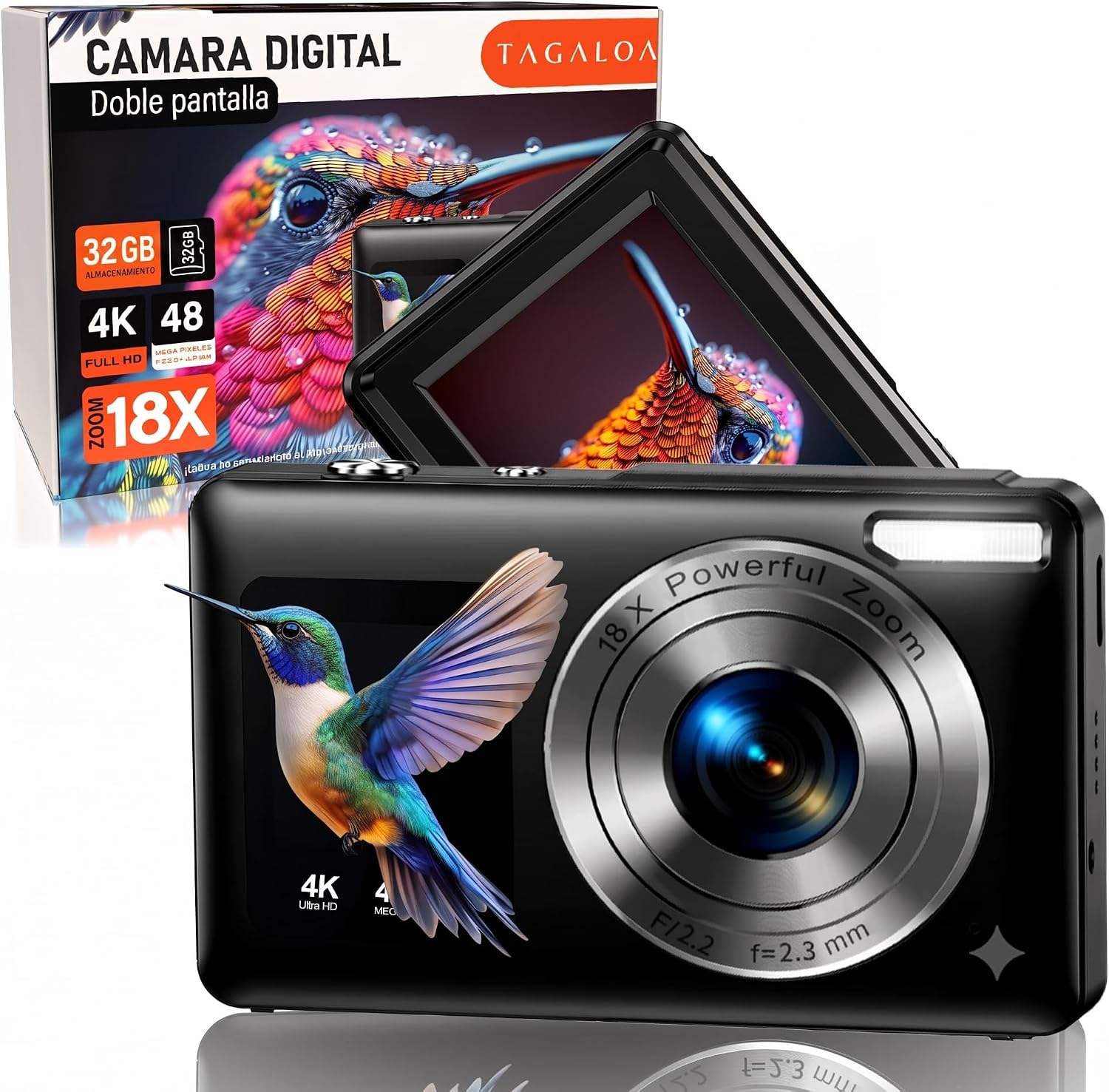 | TAGALOA®| Cámara Digital 48MP con Doble Pantalla, Zoom Digital 18X, Tarjeta SD 32GB Incluida y Bolsa de Transporte – Cámara de Fotos Infantil Retro