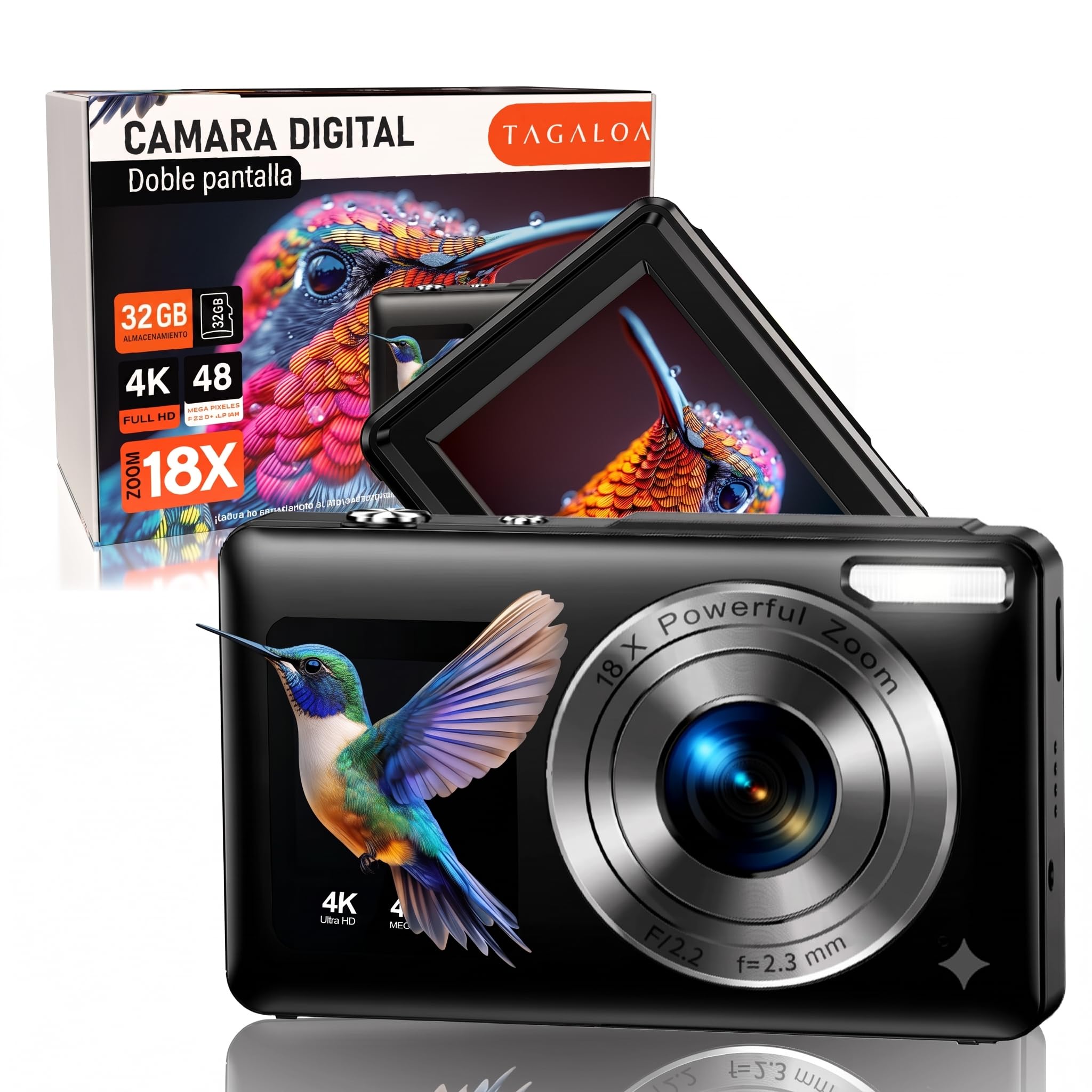 | TAGALOA®| Cámara Digital 48MP con Doble Pantalla, Zoom Digital 18X, Tarjeta SD 32GB Incluida y Bolsa de Transporte – Cámara de Fotos Infantil Retro