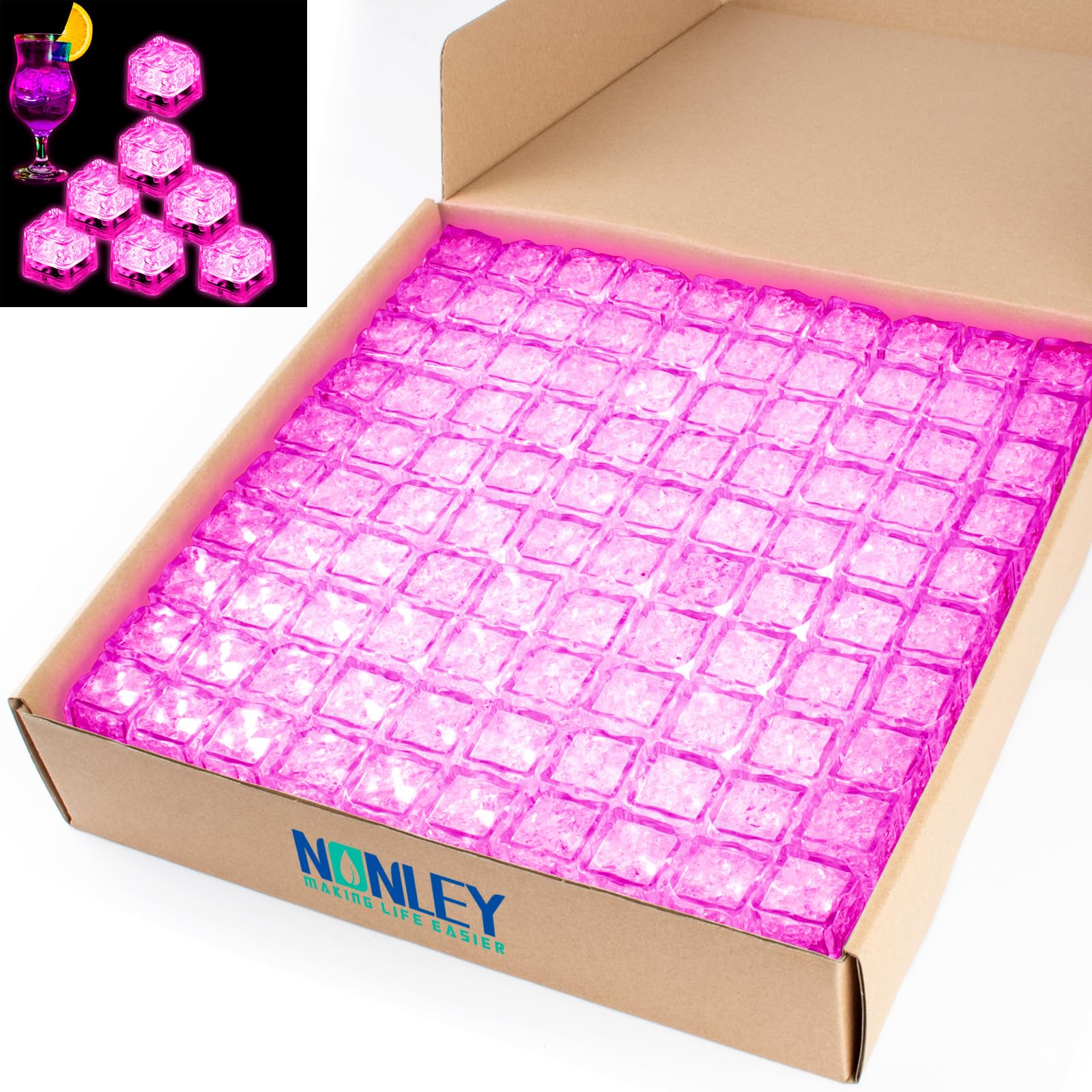 Cubetti di ghiaccio luminosi, 200 cubetti di ghiaccio a LED rosa per bevande, IP67, impermeabili, riutilizzabili, luci lampeggianti per club, bar, feste, matrimoni, cocktail