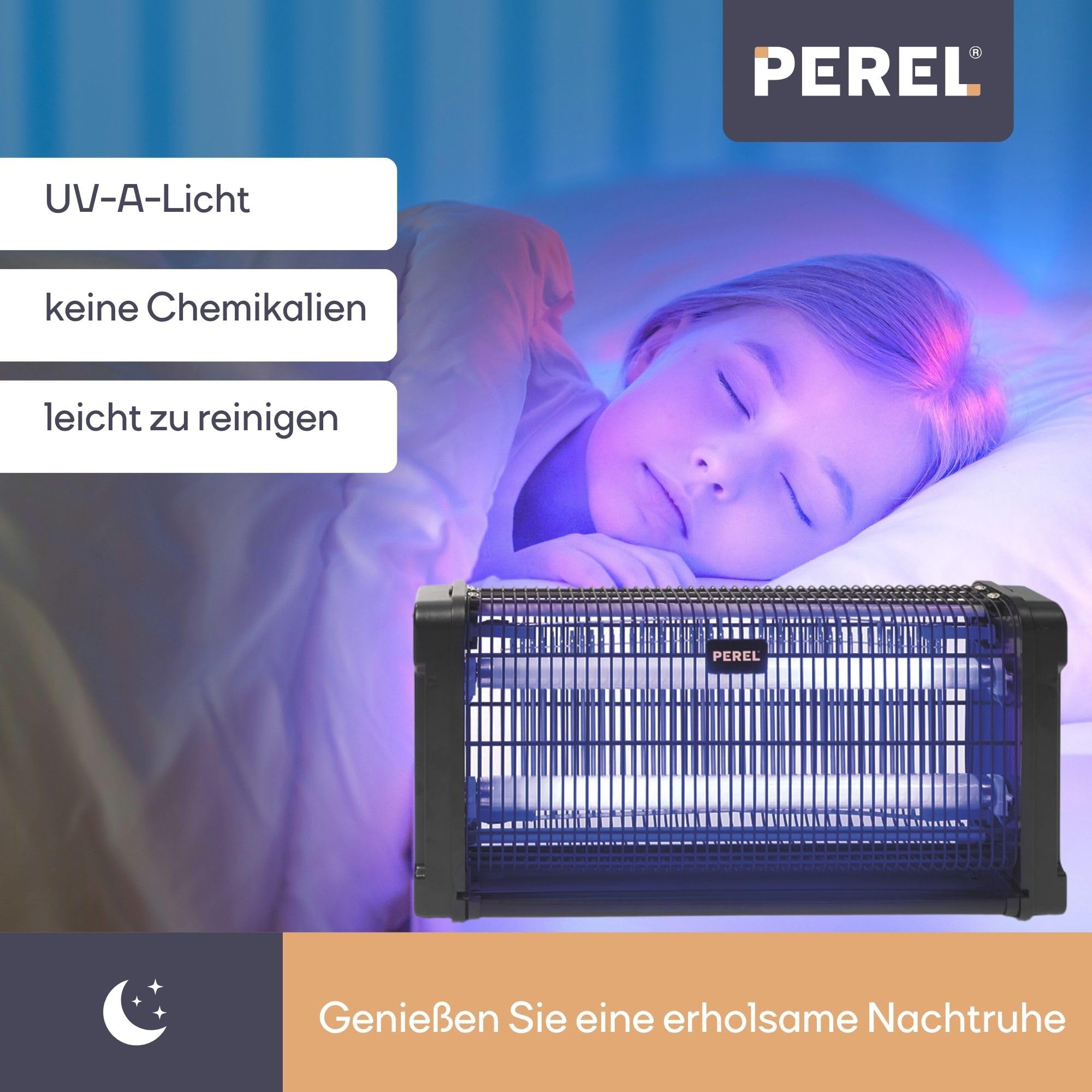 Perel Elektrischer UV Insektenvernichter innen, 2800V Hochspannungsgitter, leise Fliegenlampe mit entnehmbarer Metall-Auffangschale, 100 m² Abdeckung, chemiefreie Insektenbekämpfung