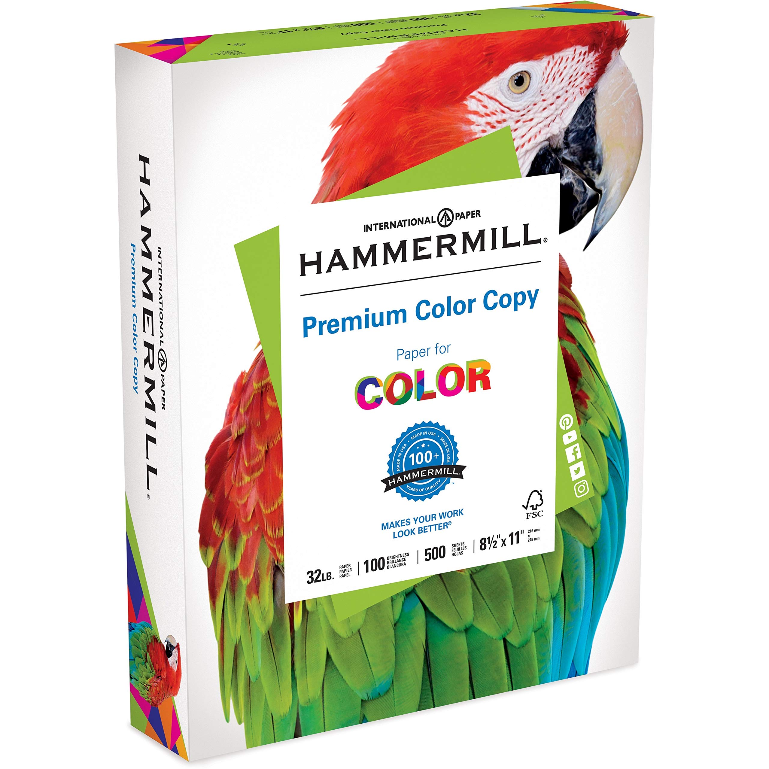 Hammermill, 10263-0, Premium Color Copy Print Paper, 100 Bright, 32lb, 8.5 x 11, Photo White, 500/Re