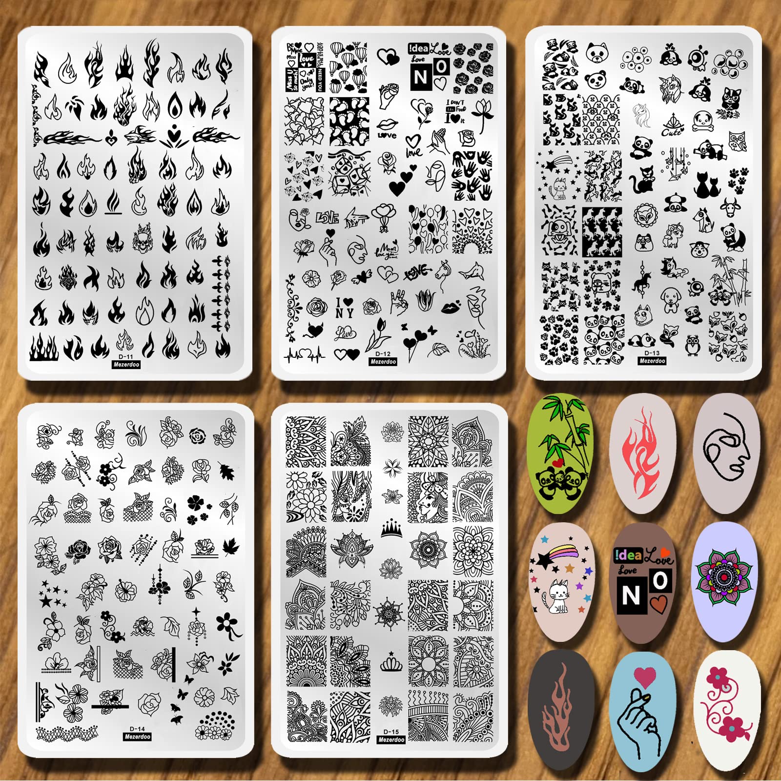 Mezerdoo5pcs 9.5×14.5cm Nail Stamping Plates Flame Mandala Flowers Animal LOVE Heart Nail Art Stamp Templates Stainless Steel Stencil Accessories Tool