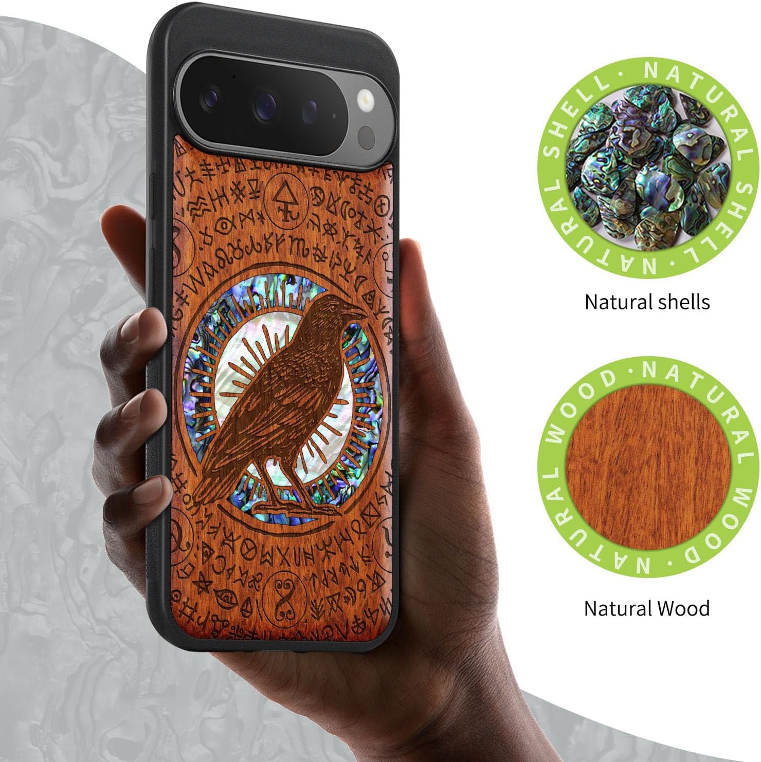 Carveit Magnetic Wooden Case for Google Pixel 9 Pro XL Case, Wood Artisan Engraved & Handmade Shell Inlaid, Compatible with MagSafe Wireless Chargers, Haloed Crow - Rosy