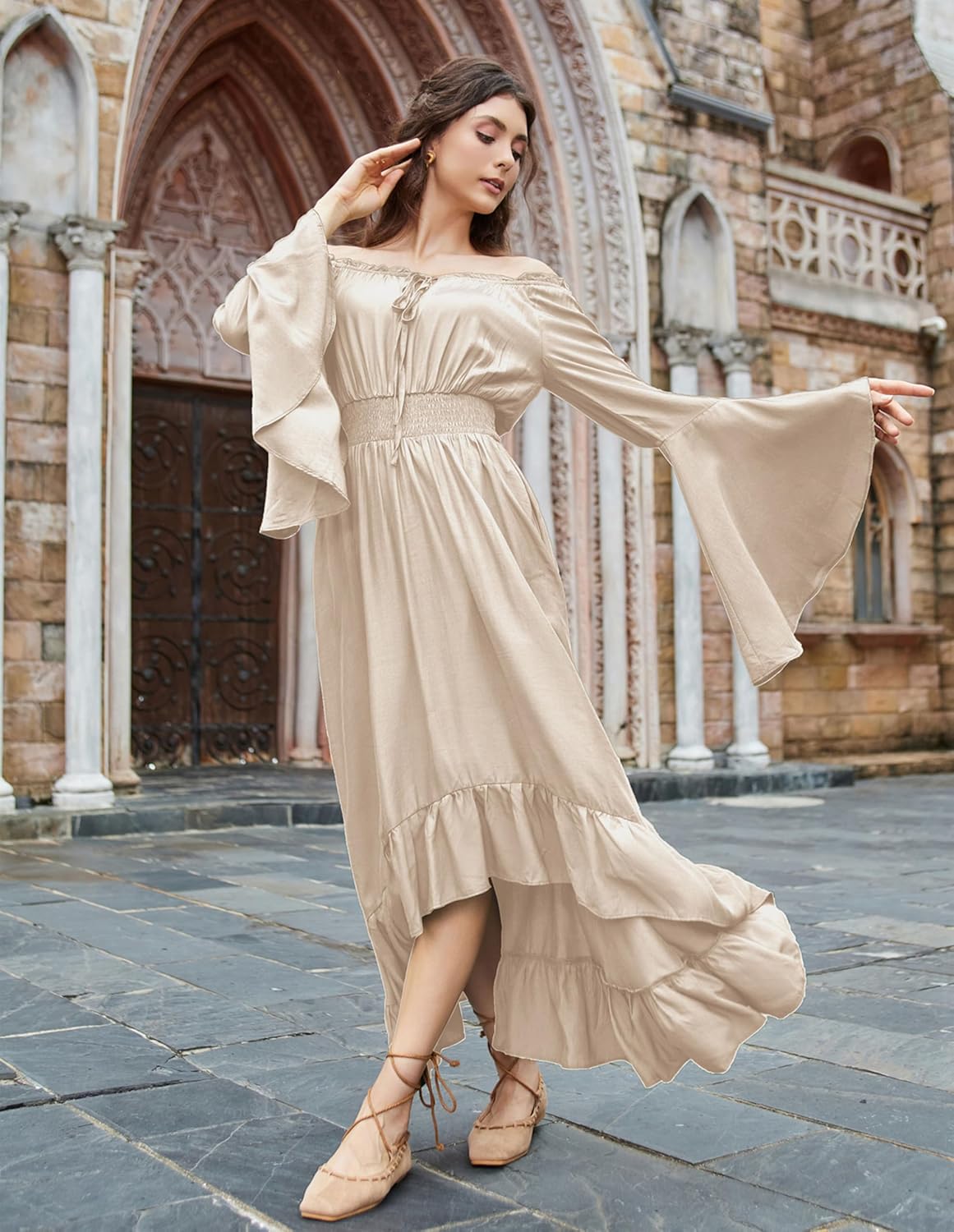 Scarlet Darkness Renaissance Dress Women Off Shoulder Bell Sleeve Peasant Pirate Dress - Image 9