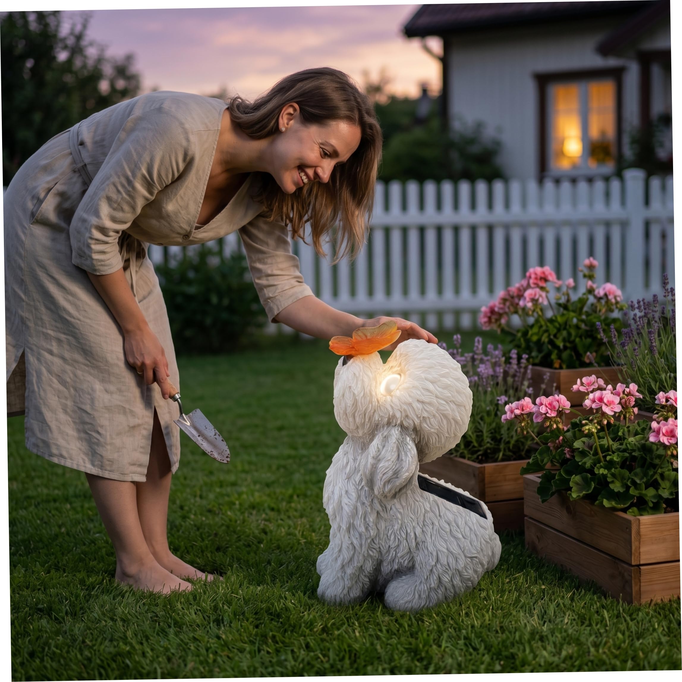Estatuas de Perros al Aire Libre, Estatua de jardín Solar, estatuilla de Perro de Peluche Blanco con luz LED de Mariposa - Decoración de Patio y Patio al Aire Libre.