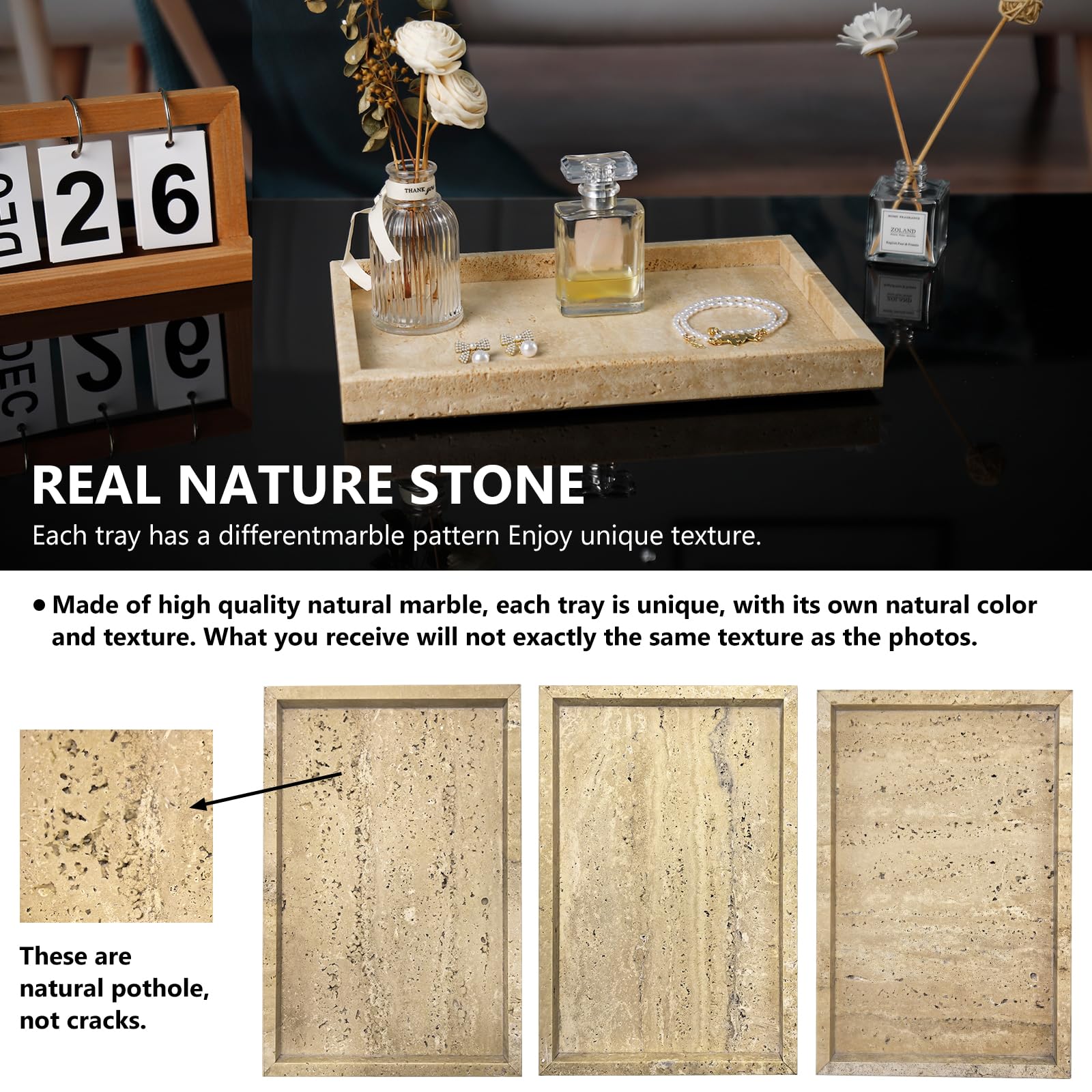 Bandeja de tocador de baño de mármol, bandeja de tocador de lujo natural Carrara para el hogar, cocina, baño, bandeja decorativa de piedra, bandejas decorativas de tocador para café, perfume,