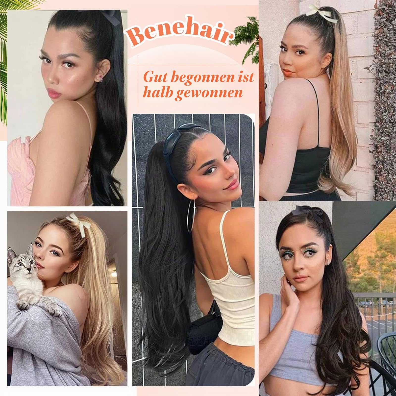 Benehair Ponytail Extension Echthaar, Zopf Extensions Echthaar, Wrap Around Echthaars Ponytail für Frauen, Blond Highlights Bleichblond Pferdeschwanz Echtes Haar Haarverlängerung 55CM 95g #18P613