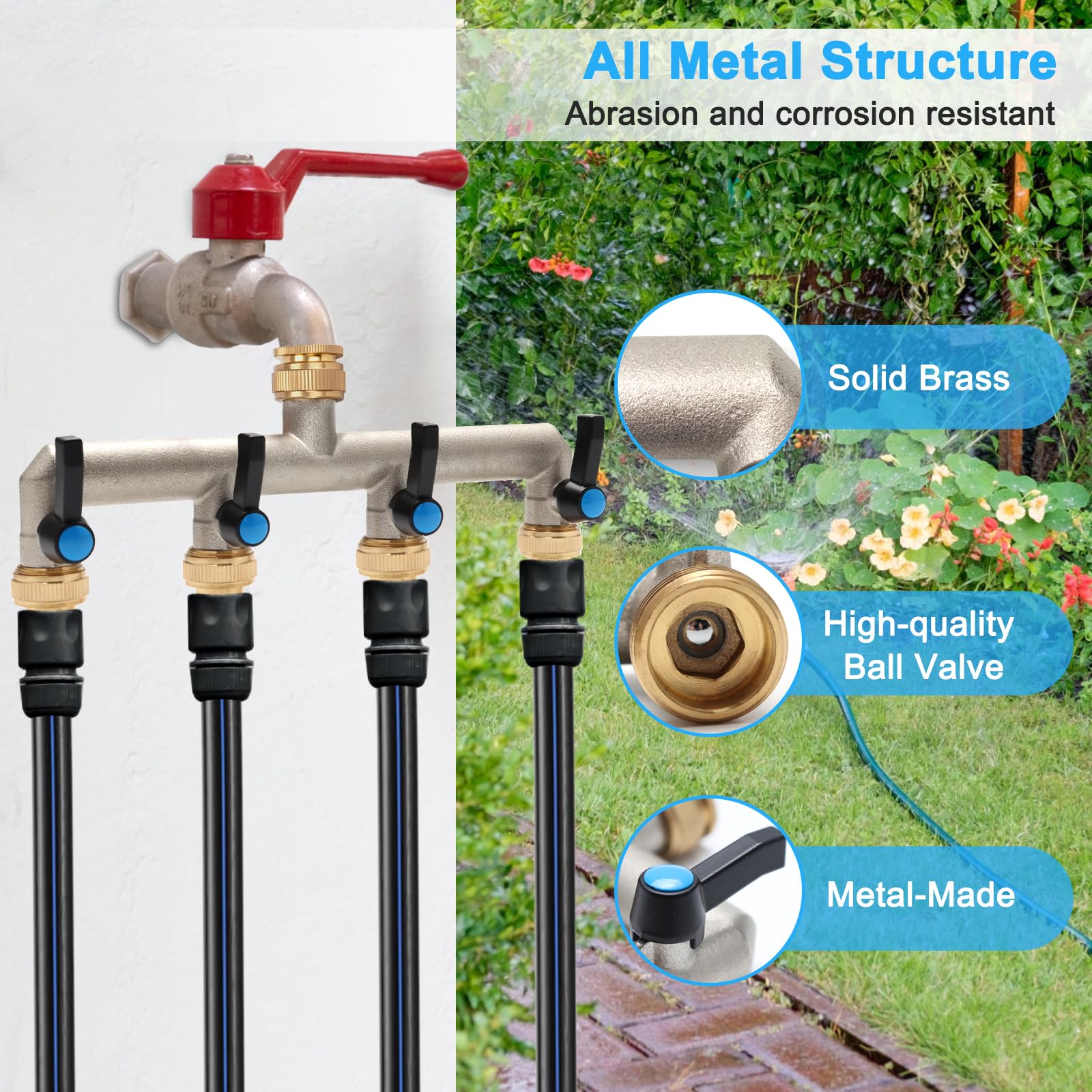 Distributeur d'eau à 4 voies en laiton, adaptateur de 3/4" avec 4 raccords de robinet de 3/4" à 1/2" pour maison, cour, machine à laver