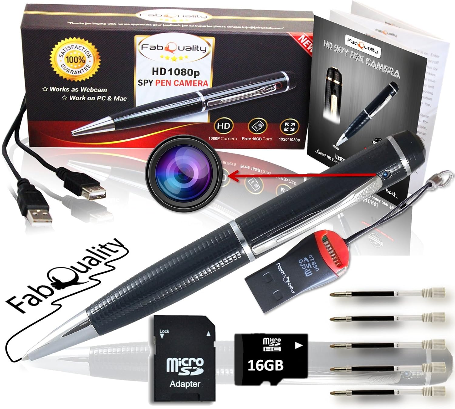 FabQuality 1080P. Penna Con Videocamera Nascosta, Scheda SD Da 16 GB, Real Di Video HD, Audio Image Aggiornato Batteria & 5, Da Riempire Con Inchiostro E Multifunzione DVR.-Regalo Perfetto