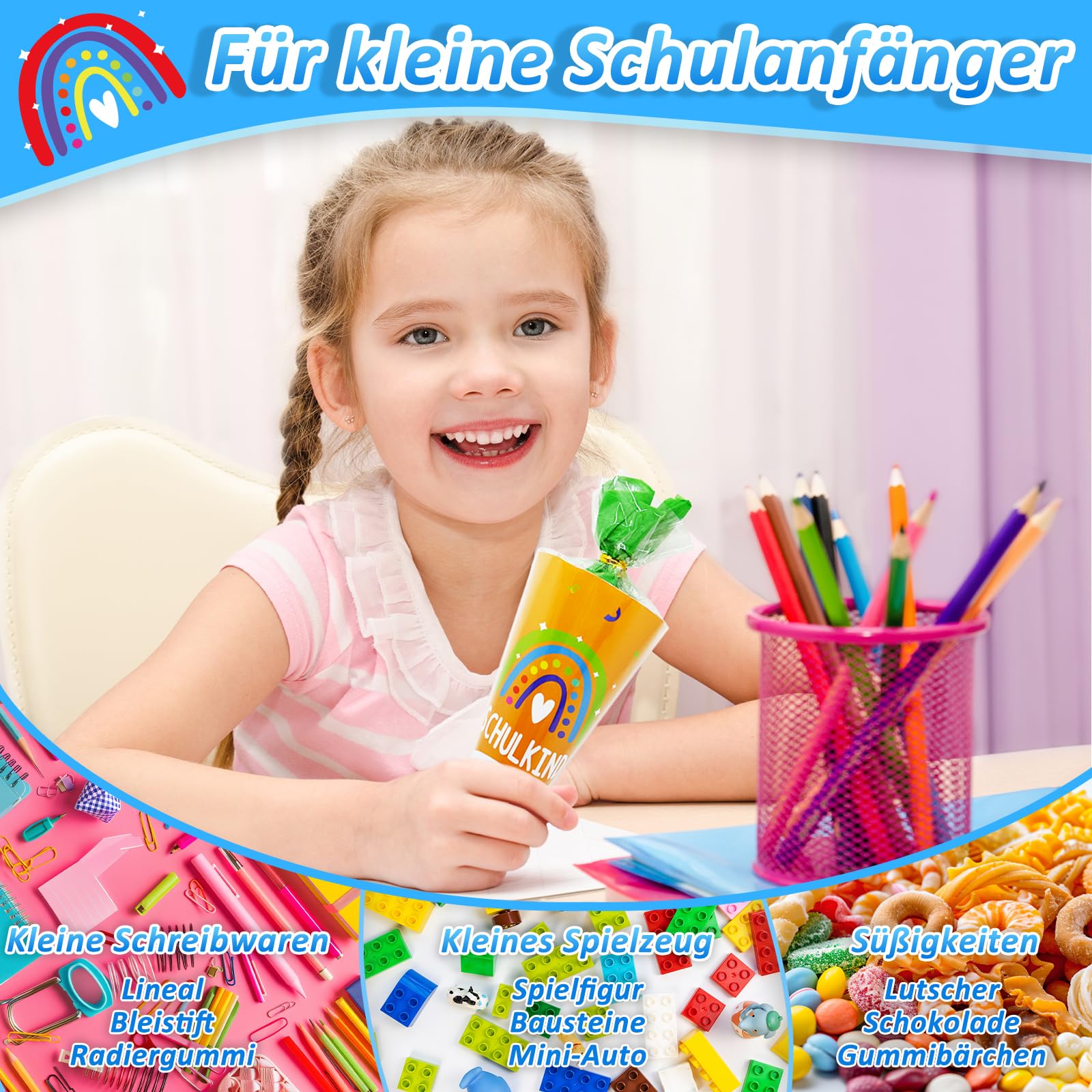 Sacchetti per la scuola 28 cm, mini sacchetti da riempire, zucchero colorato