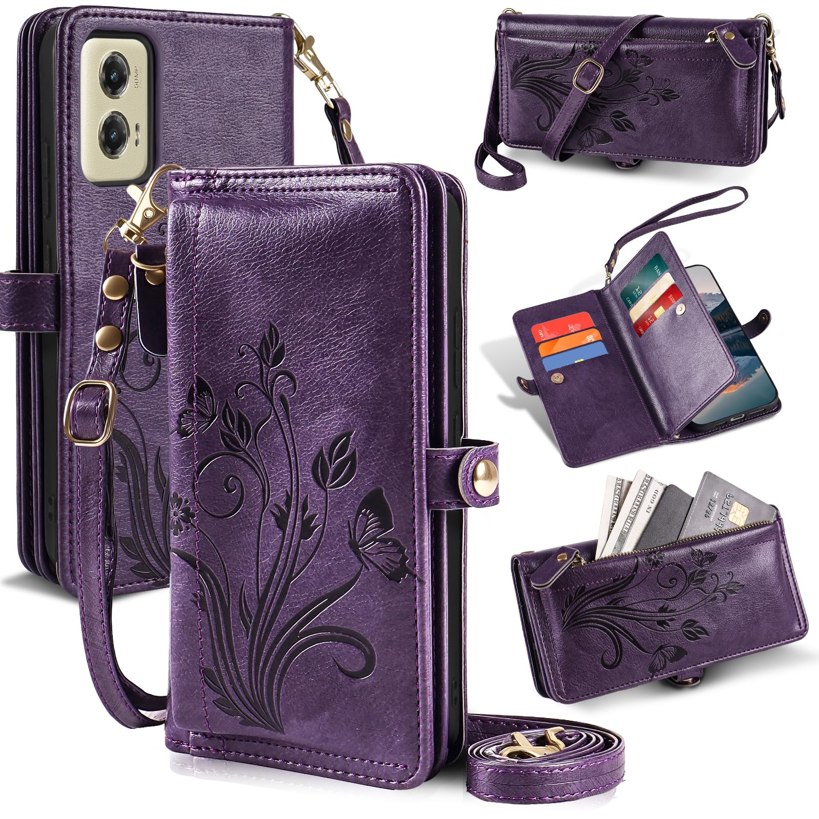 Lacass for Motorola Moto G Stylus 5G 2024 Case Wallet, [Cards Theft Scan Protection] Card Holder Zipper Leather Flip Cover Crossbody Wrist Strap with