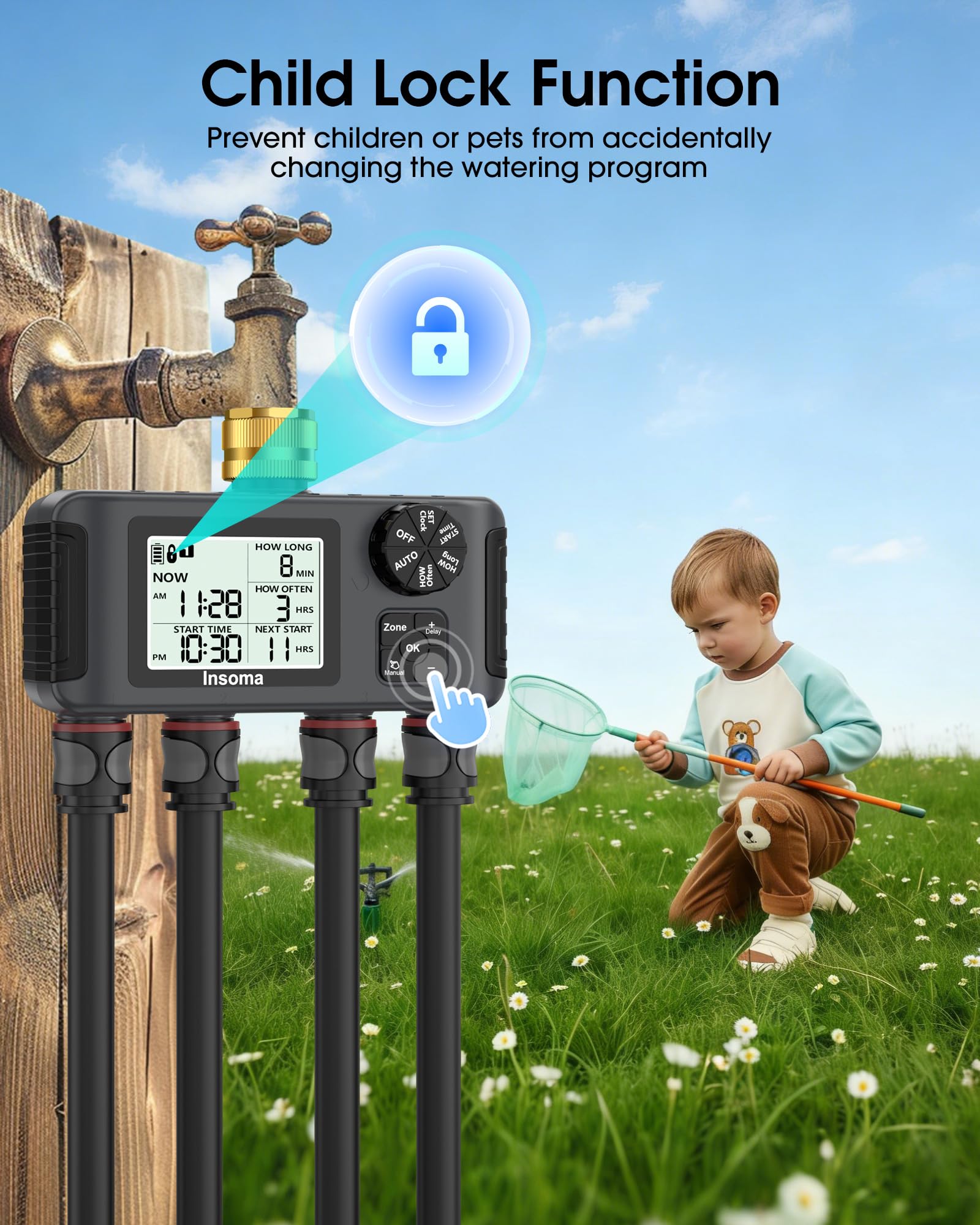 Insoma Temporizador de agua WiFi para manguera de jardín, temporizador de aspersor inteligente, temporizador de manguera WiFi con control remoto por aplicación, control de voz con Alexa, retardo de