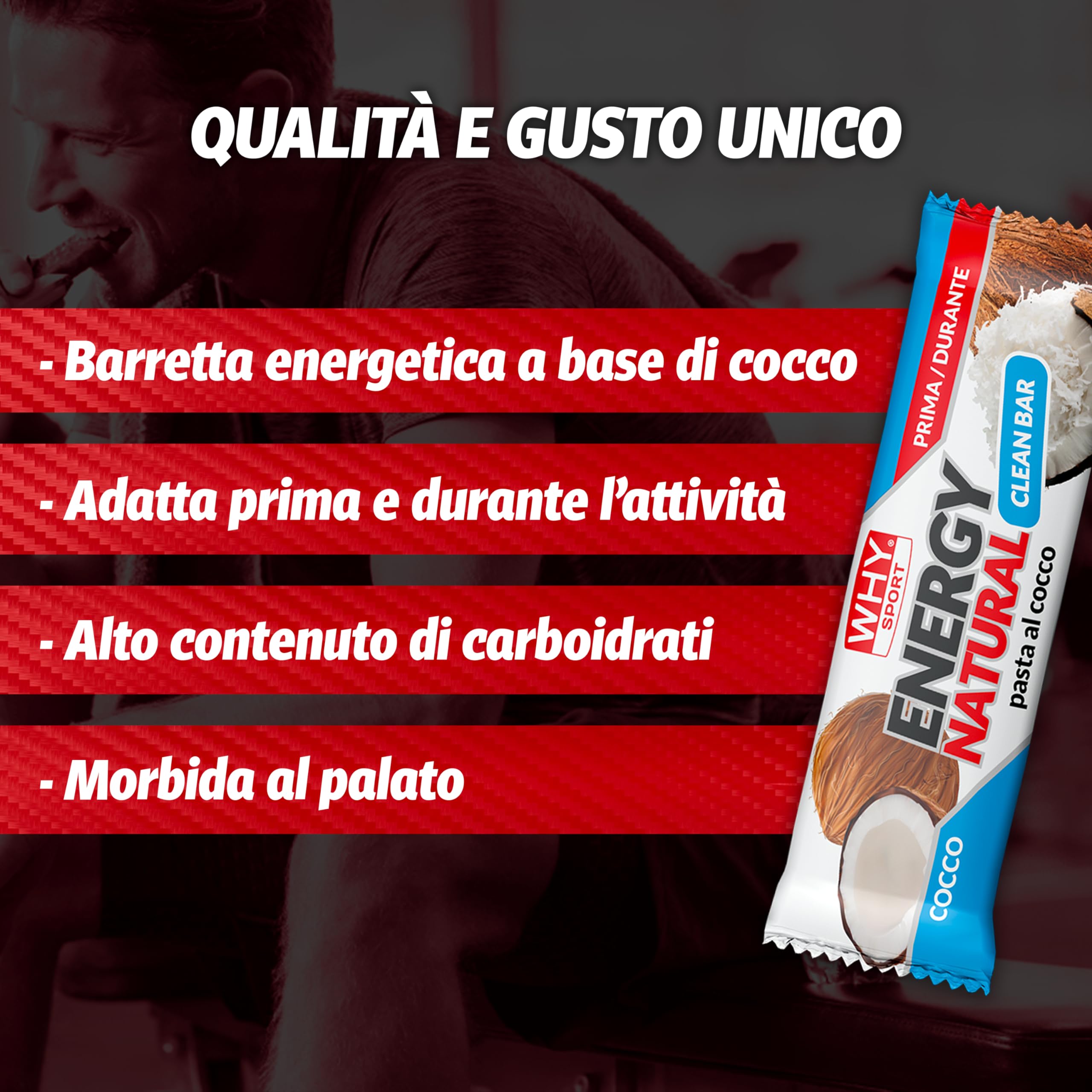 WHY SPORT ENERGY NATURAL - Barrette Energetiche con Pasta di Cocco – Energy Bar Barretta Energetica Senza Glutine - Box da 30 Barrette - 25 gr (Box, Cocco)