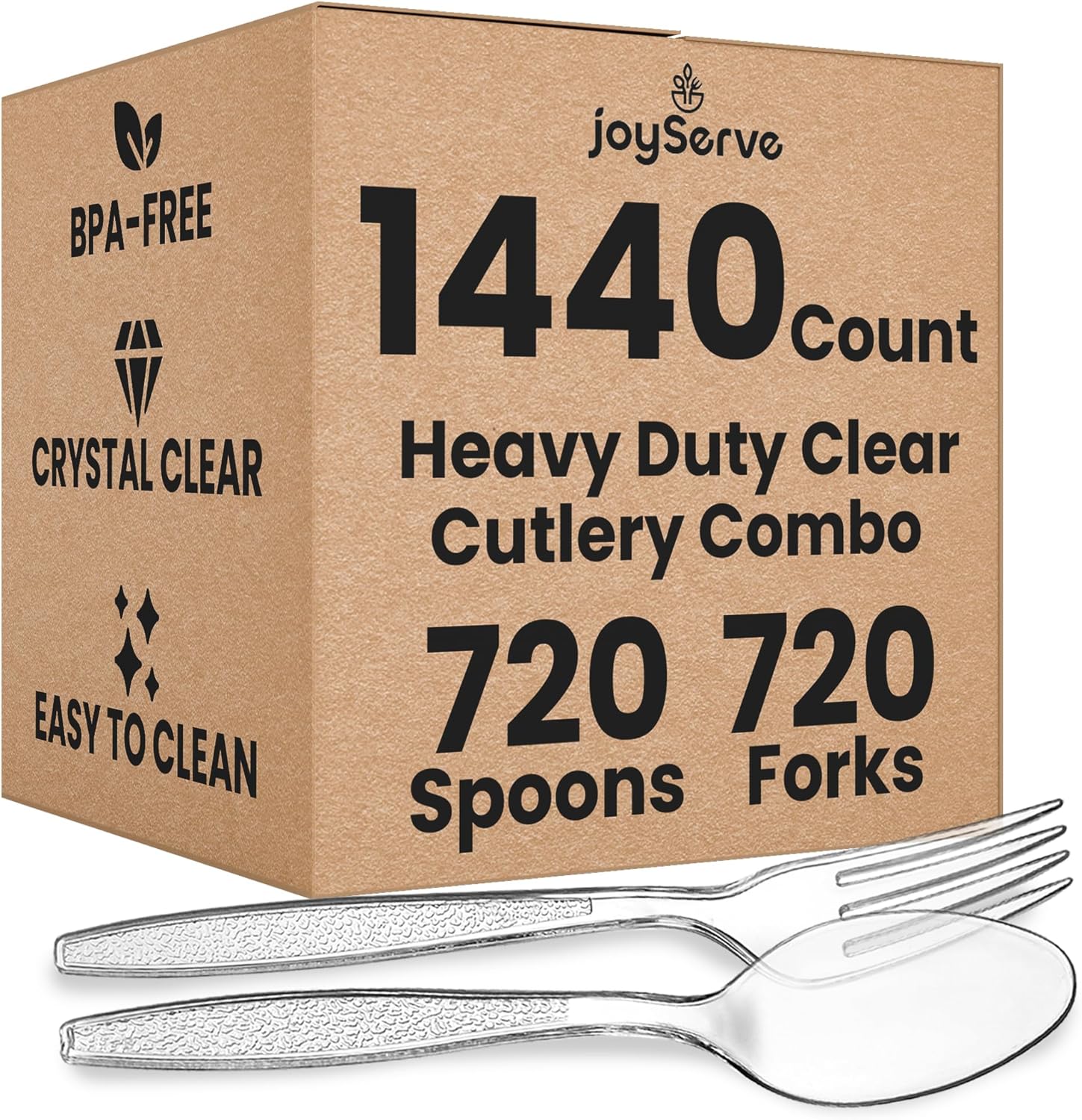 Clear Plastic Cutlery Set - (Bulk Case Pack of 1440 Pcs) Plastic Utensils Heavy Duty, 720 Forks and 720 Spoons, Silverware Sets for Party Supplies, Dinners, Take-Out, Catering, Food Services