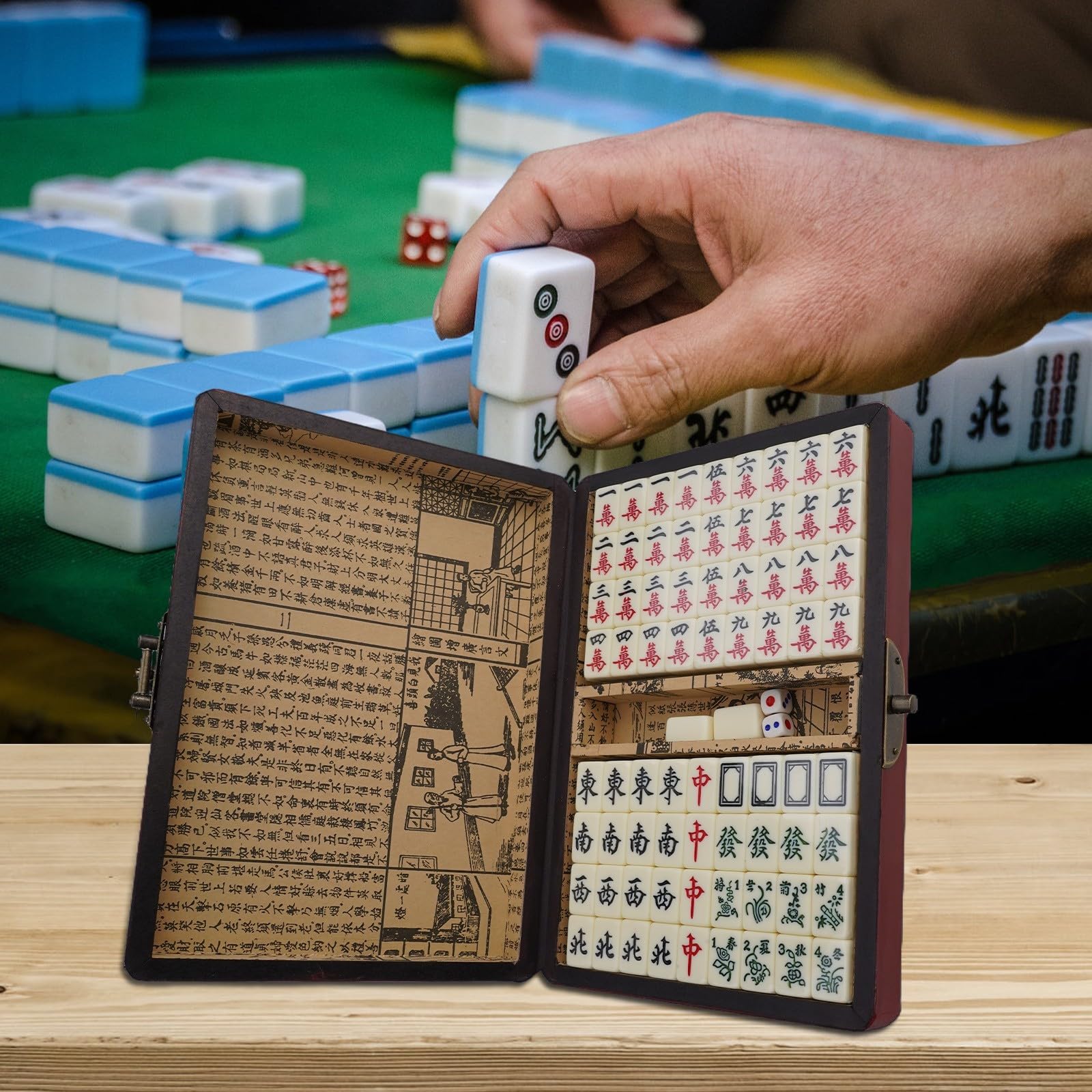 Ensemble de mahjong compact dans un bel étui en bois avec 2 dés, parfait pour les joueurs en voyage (sans poignée)