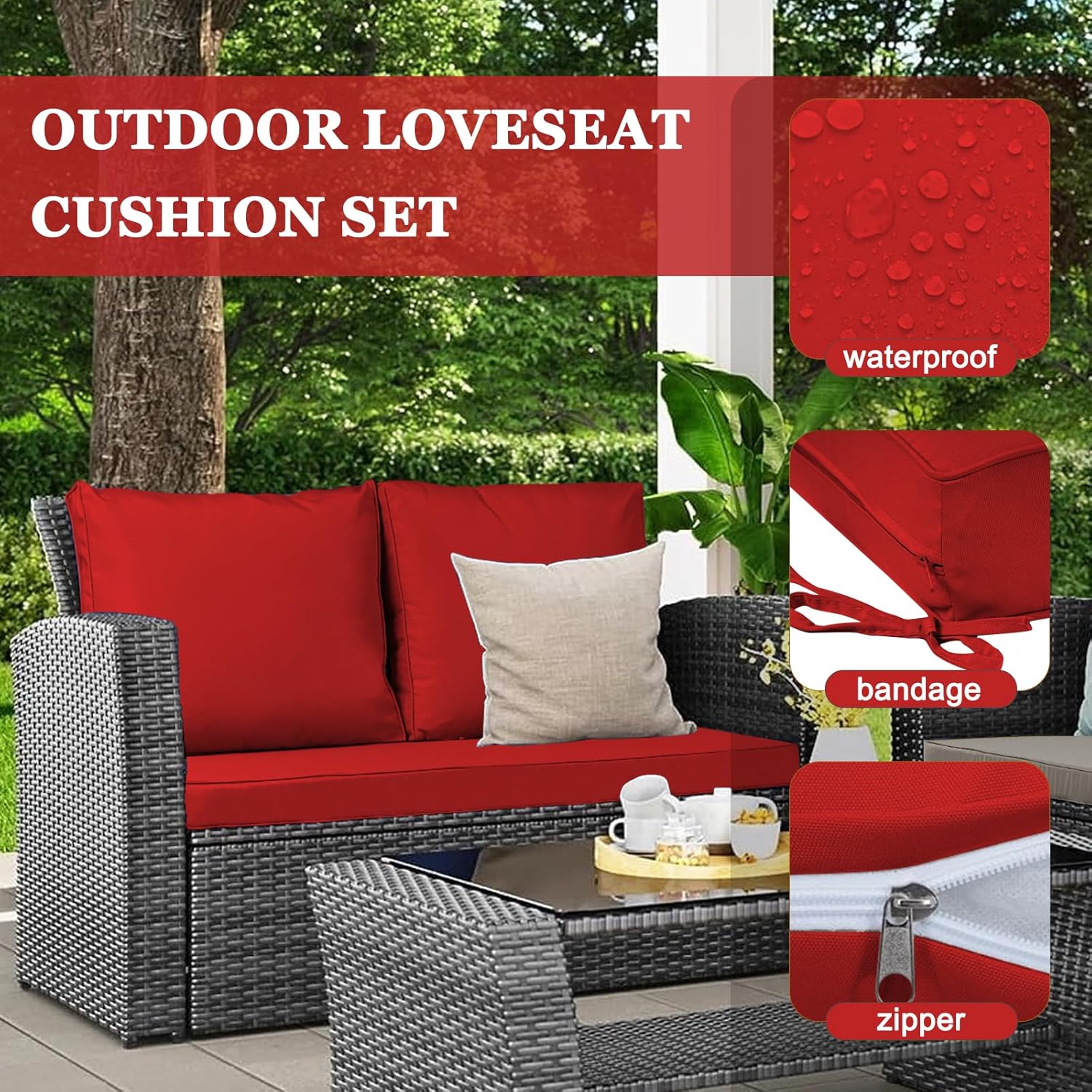 Outdoor Loveseat Cushion Set 48 x 24 inch, Waterproof Outdoor loveseat Cushions with Removable Cover, Zipper and Straps, Patio Furniture Cushions for Chair Sofa Couch (Red)