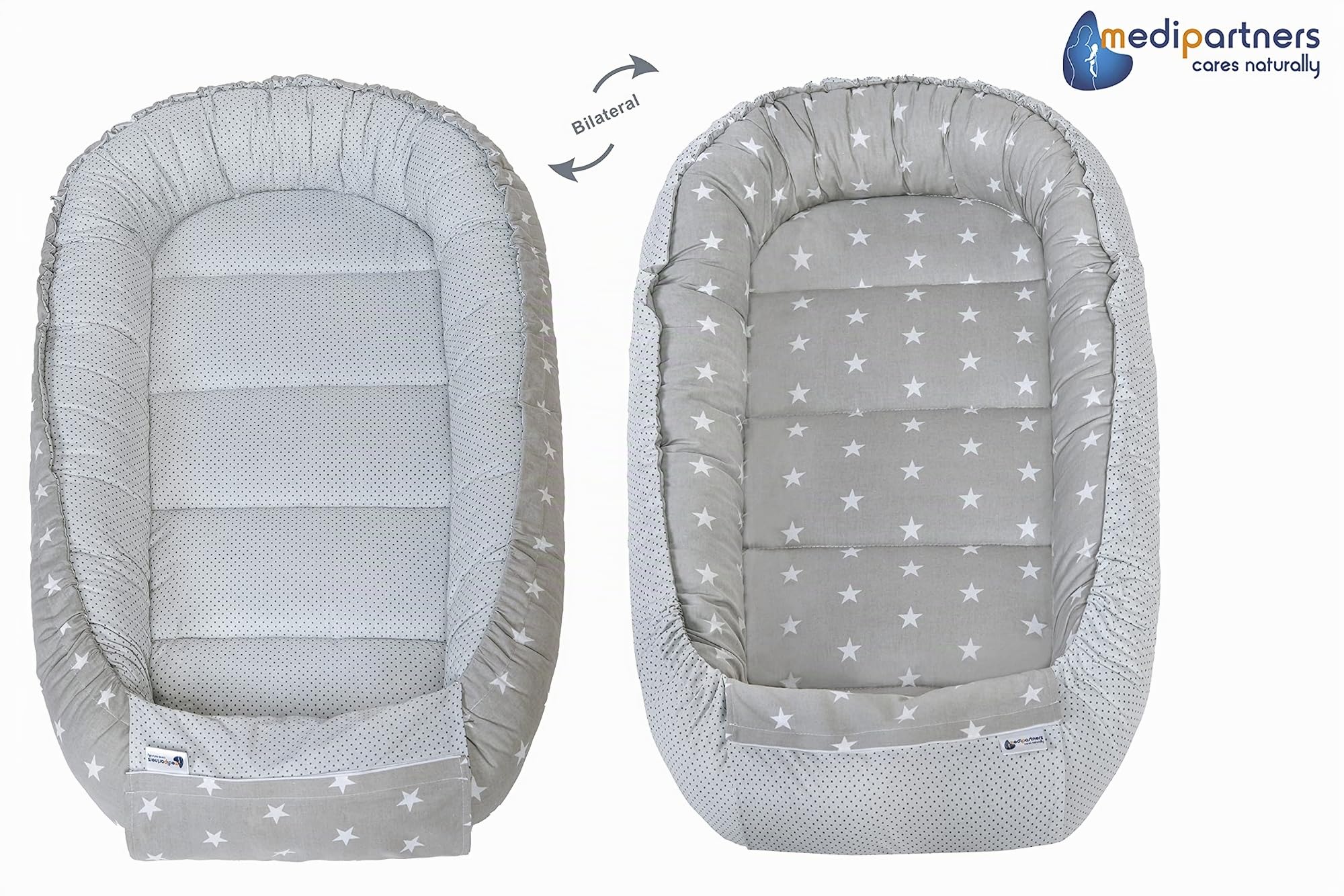 Medi Partners Juego de Cuna de 5 Piezas Incluye Nido para bebé de 100x60x15cm 100% algodón cojín Plano Manta para Gatear cojín de Mariposa (Estrellas con Gris)