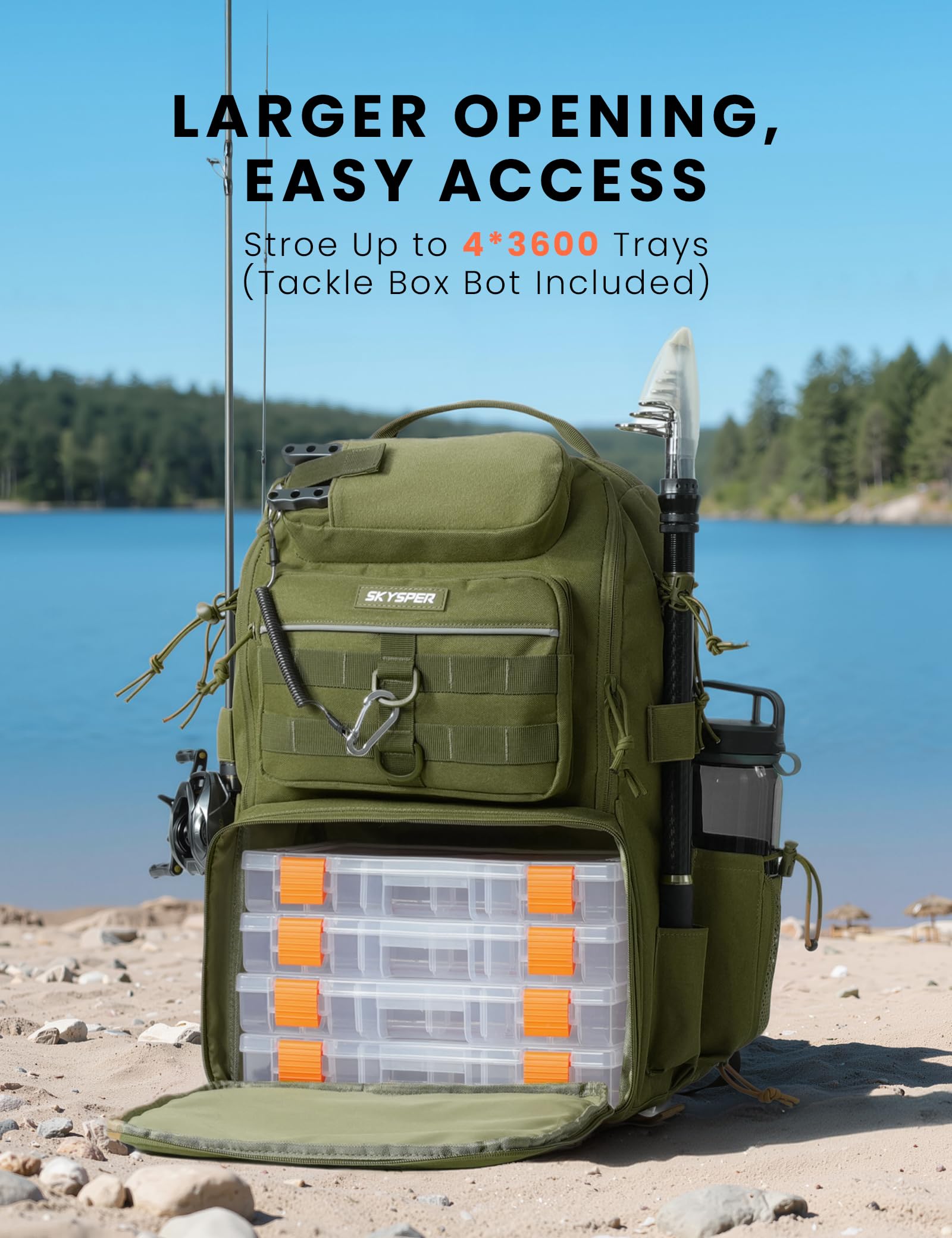 SKYSPER Zaino da Pesca 40L,Borsa Pesca con Cinghia Imbottita Zaino Tattico Militare Molle