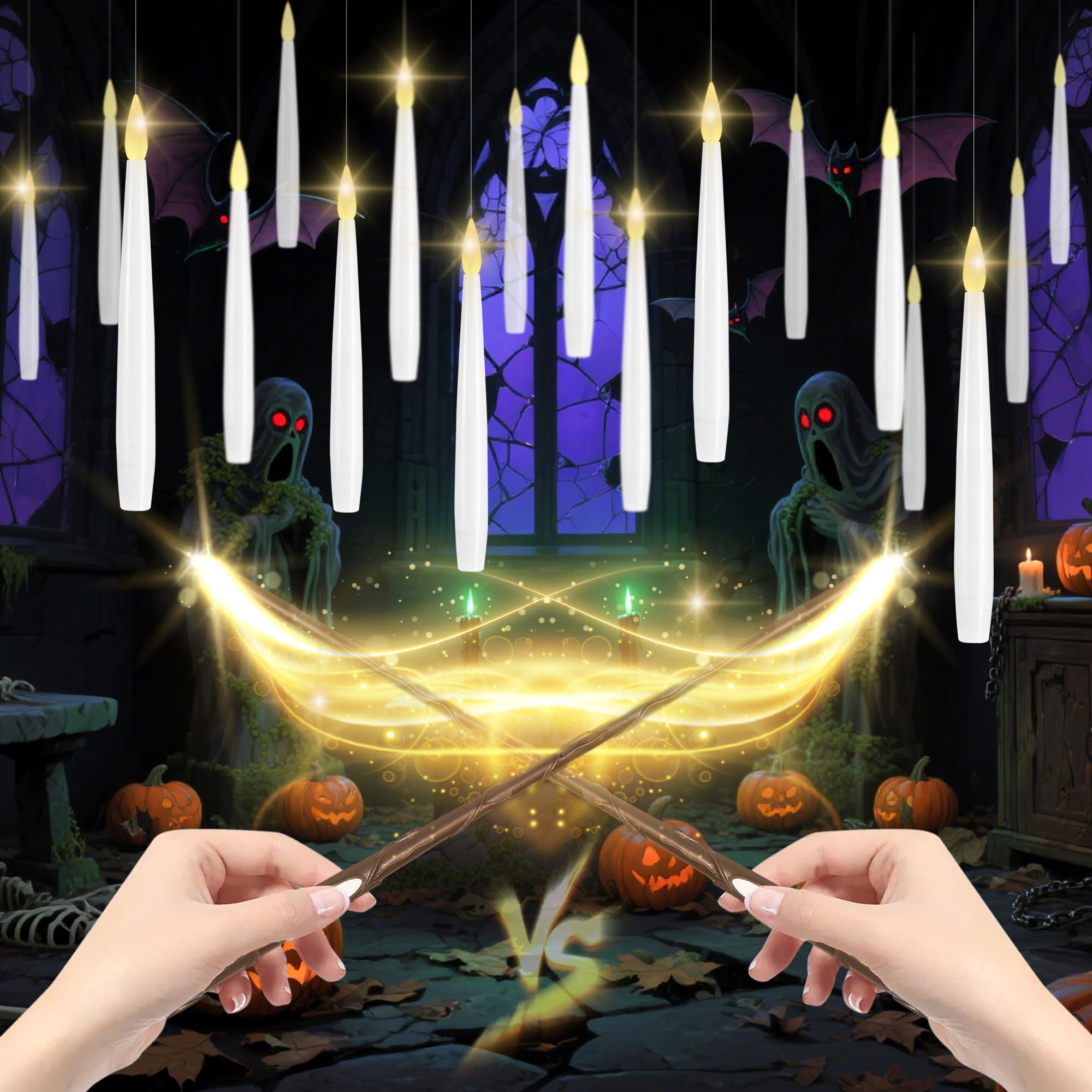 LUSHARBOR Floating Candles with Wand, 20 Pack Halloween Battery Operated LED Hanging Candles Electric Floating Candle for Halloween Party Decor