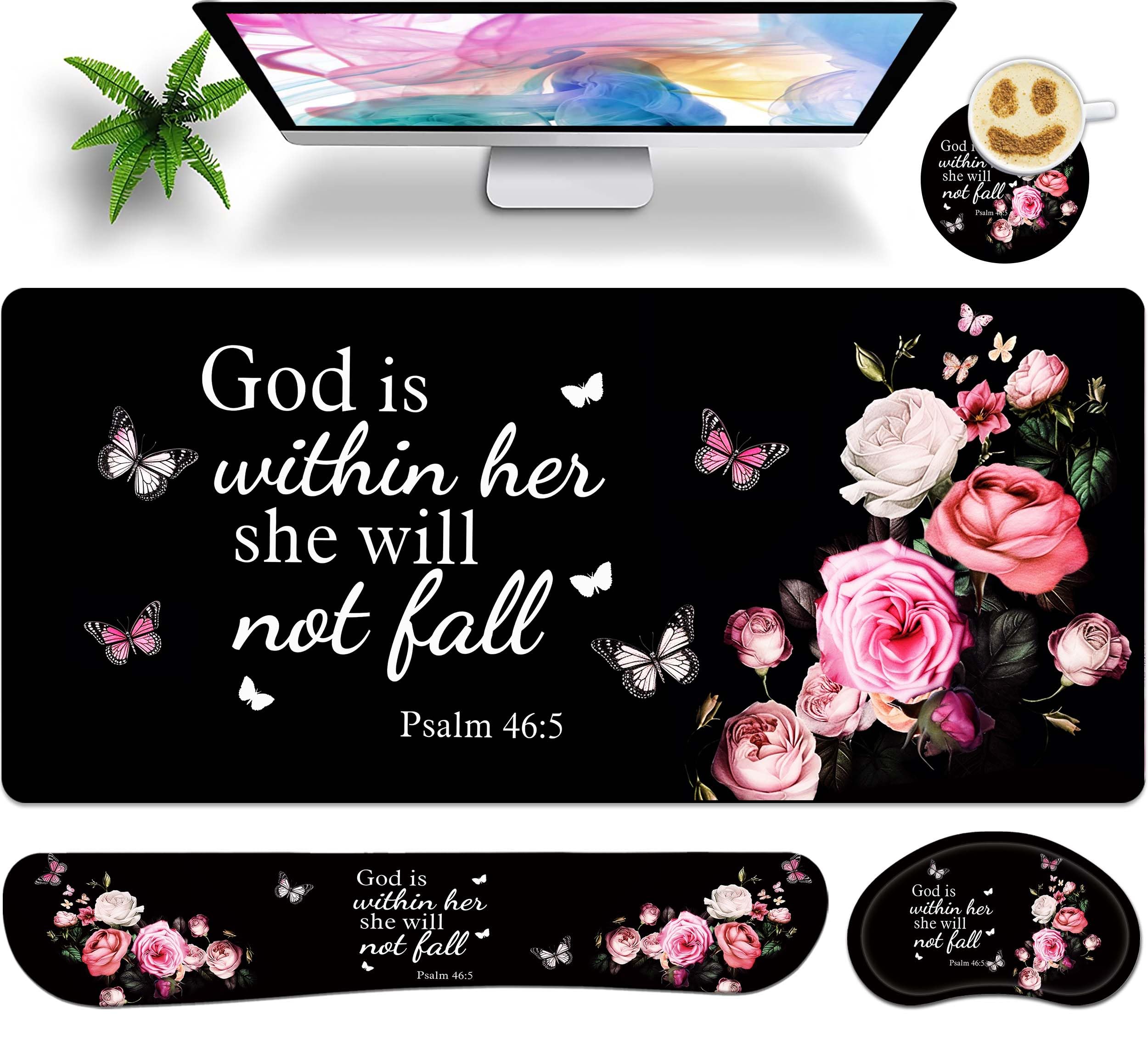 JYCUHTCL Large Gaming Mouse Pad Set 35.4 x 15.7 with Keyboard Wrist Rest, Wrist Support, and Coaster Memory Foam Smooth Desk Pad Mousepad for Home Office School - Floral Bible